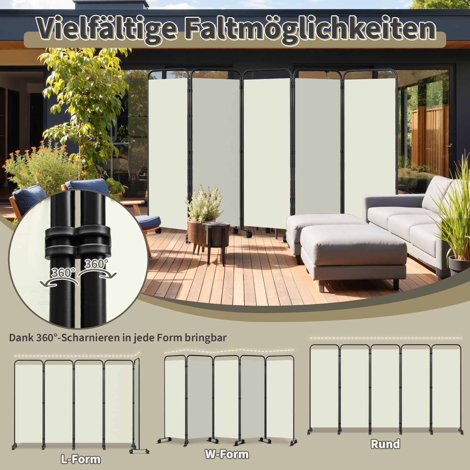 Biombo con ruedas, flexible, 3 piezas, protección privada, 263 x 180 cm, ajustable, protección visual, protección contra el viento, para jardín, muebles de baño, oficinas, color beige