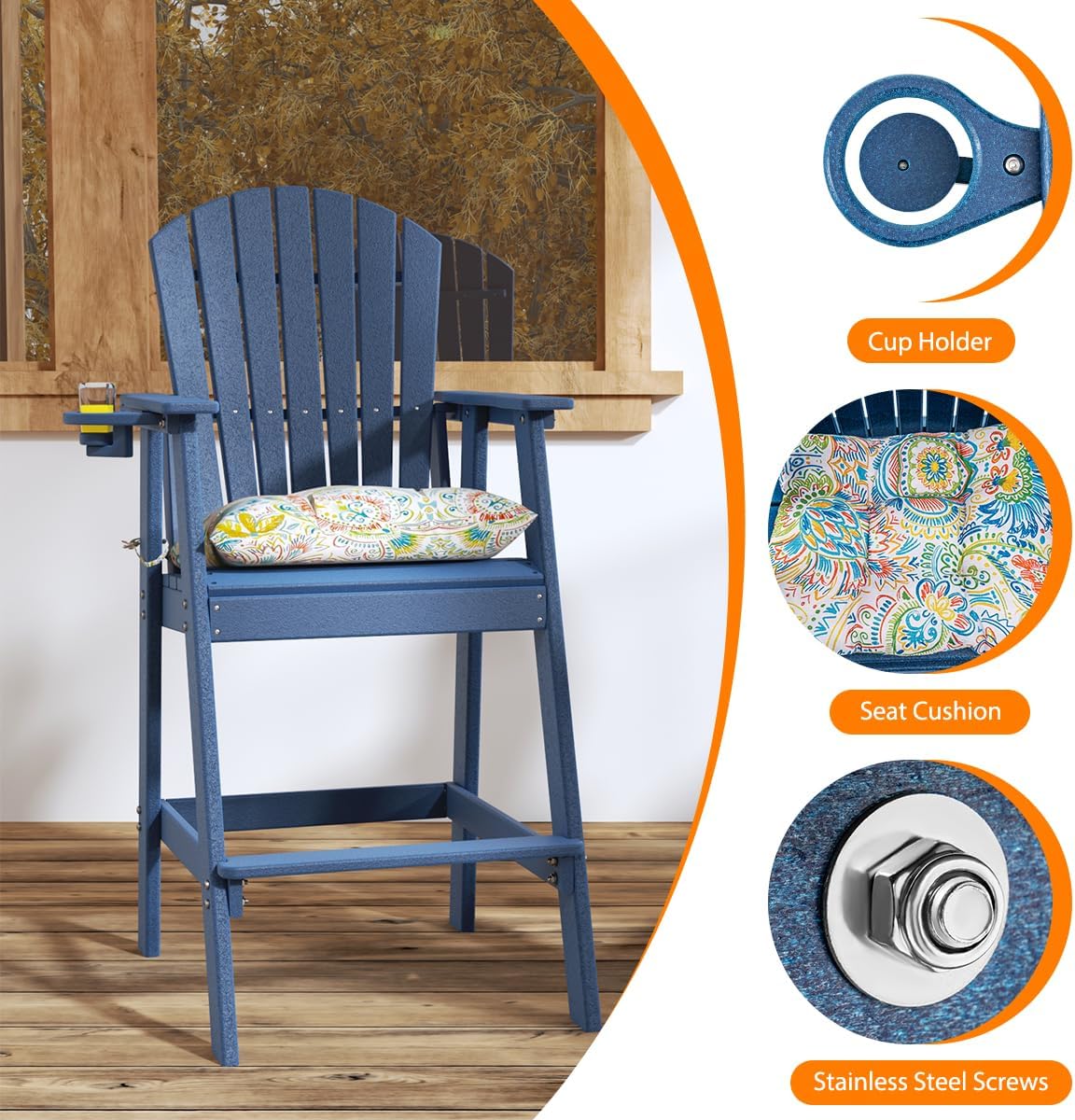 Sundale Outdoor 5 Pieces Adirondack Bar Set, Patio Counter Height Adirondack Chairs Set of 4 and Round Table, High Top HDPE Stools and Pub Table, Tall Bistro Dining Furniture Set for 4, Navy Blue