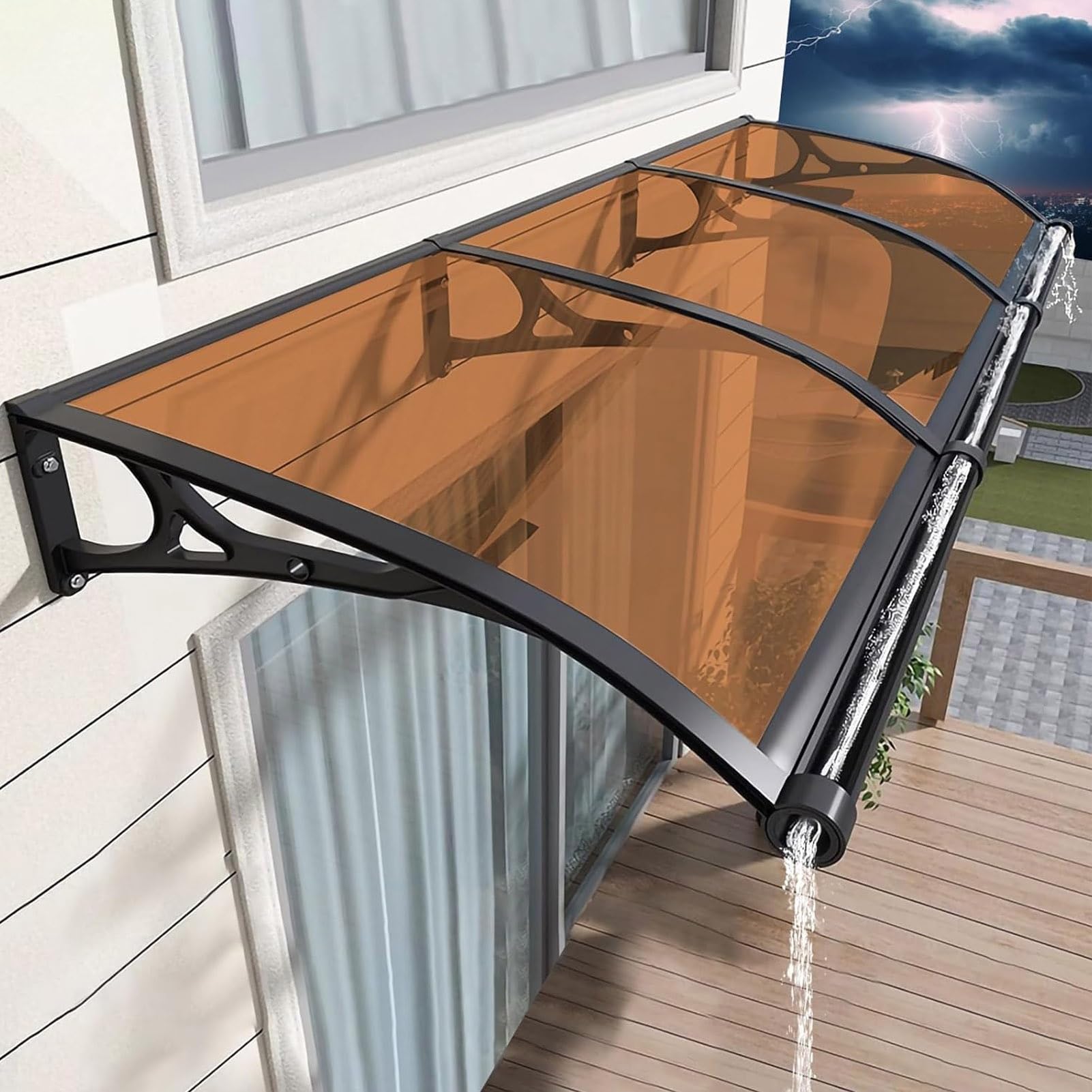 Marquise en polycarbonate 120x100cm auvent de porte extérieur marron anti-UV