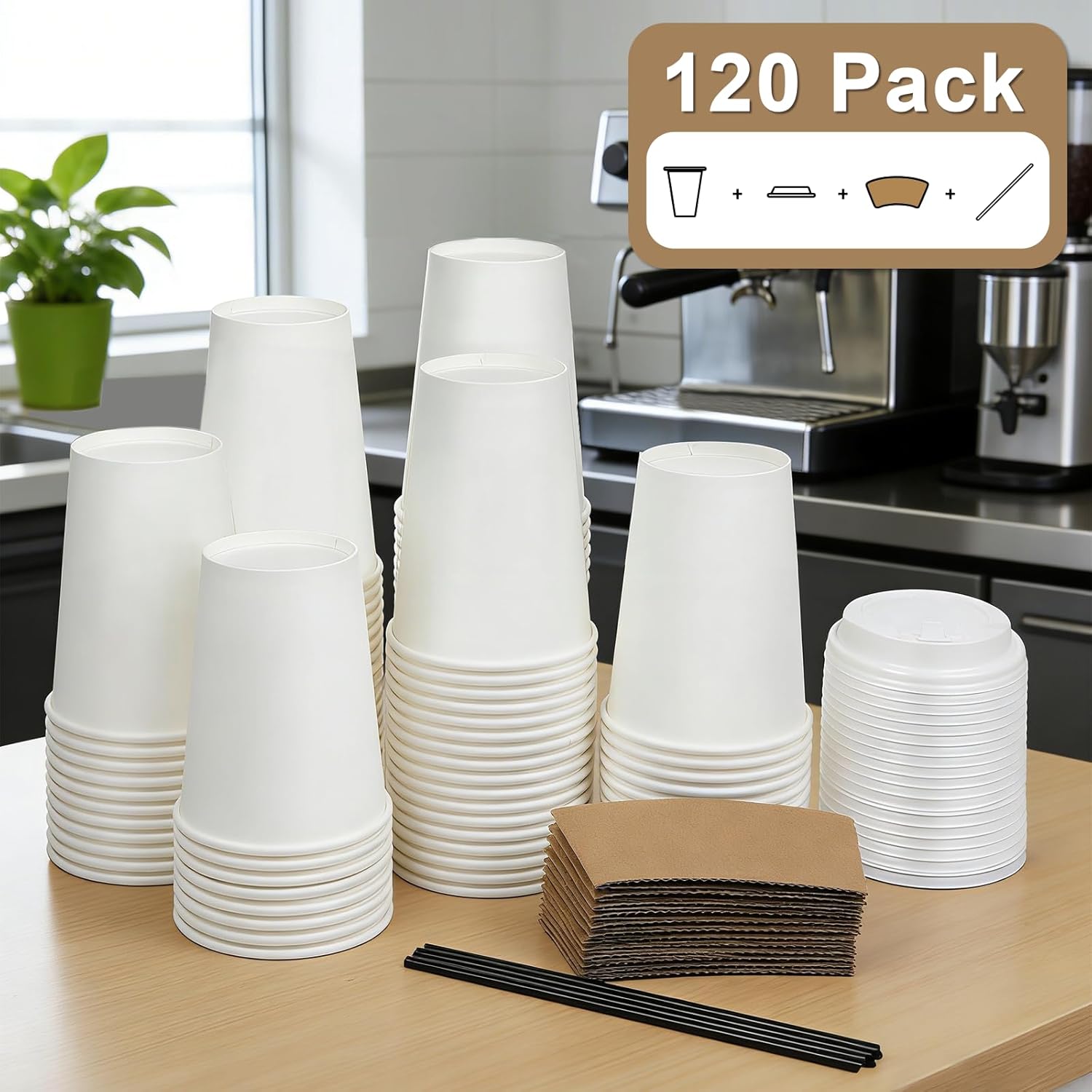 120 Pack 12 oz Paper Coffee Cups Set, Disposable White Coffee Cups with Lids, Sleeves and Stirring Sticks, Fit For Cold and Hot Drinks - Image 6