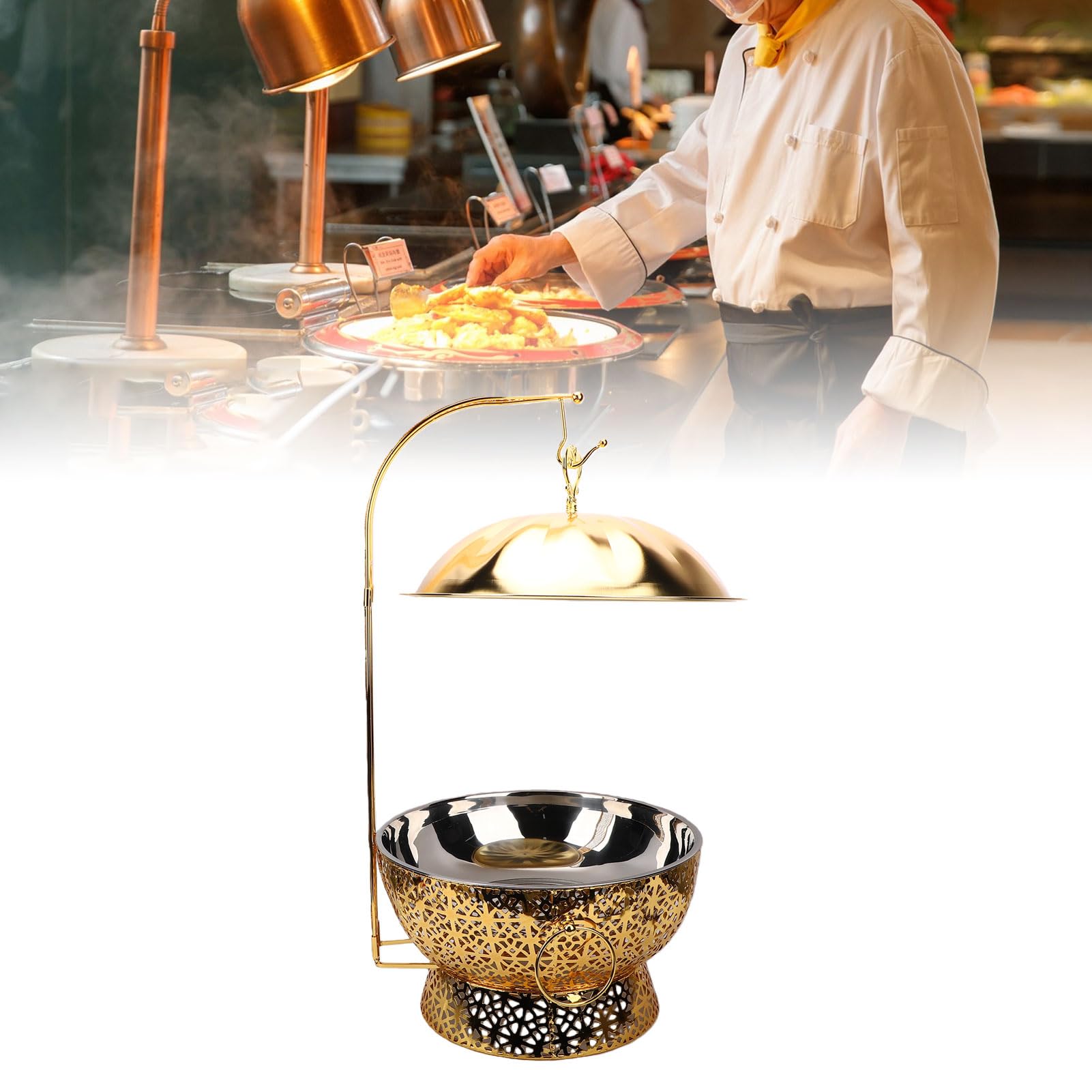 Pissente Calentador de Buffet Redondo de Acero Inoxidable 8L con Patas Desmontables Ganchos para Tapa Acabado de Espejo para Restaurantes Hoteles Banquetes Fiestas Catering