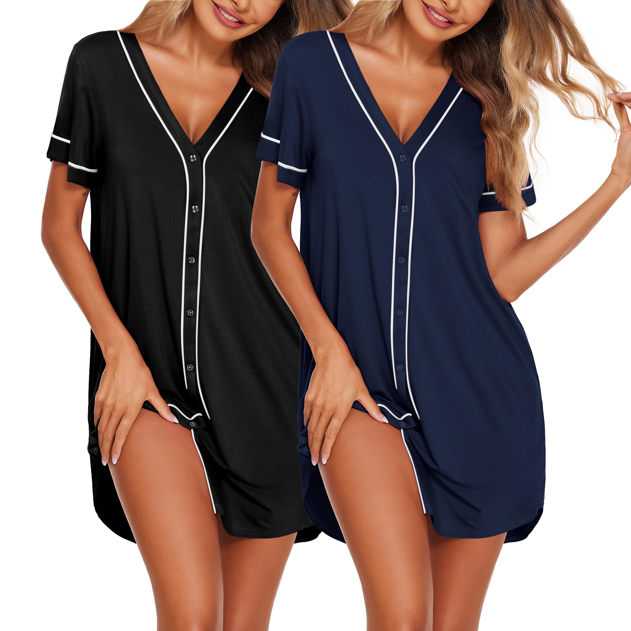 Ekouaer Nightgowns for Women 2 Pack Button Down Sleep Shirts Short Sleeve Night Shirts V Neck Sleepwear Soft Pajama Dress