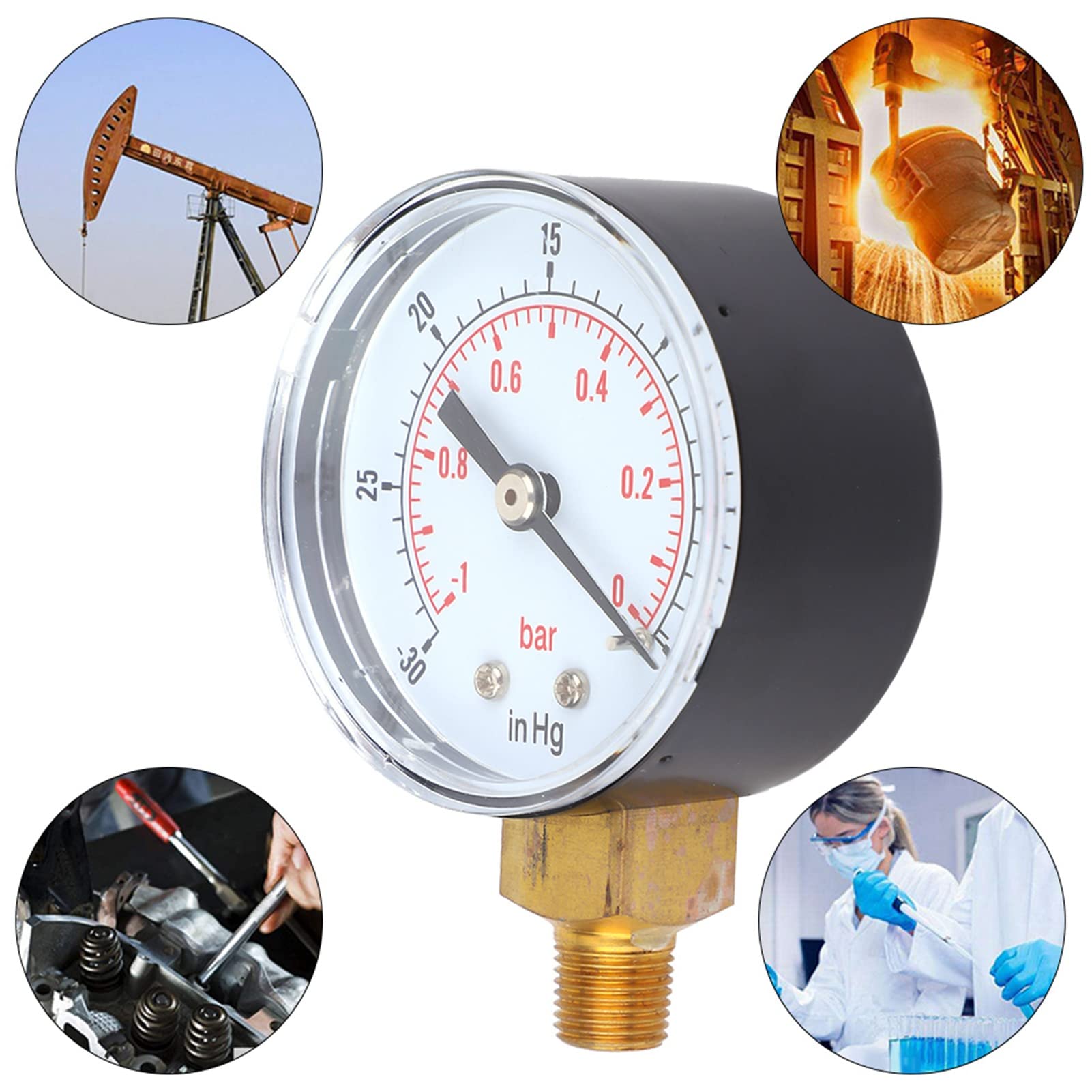 Vacuum Gauge Vacuum Indicator -1-0Bar -30-0inHg 50mm 1/8 BSPT Bottom Connection for Air Water Oil