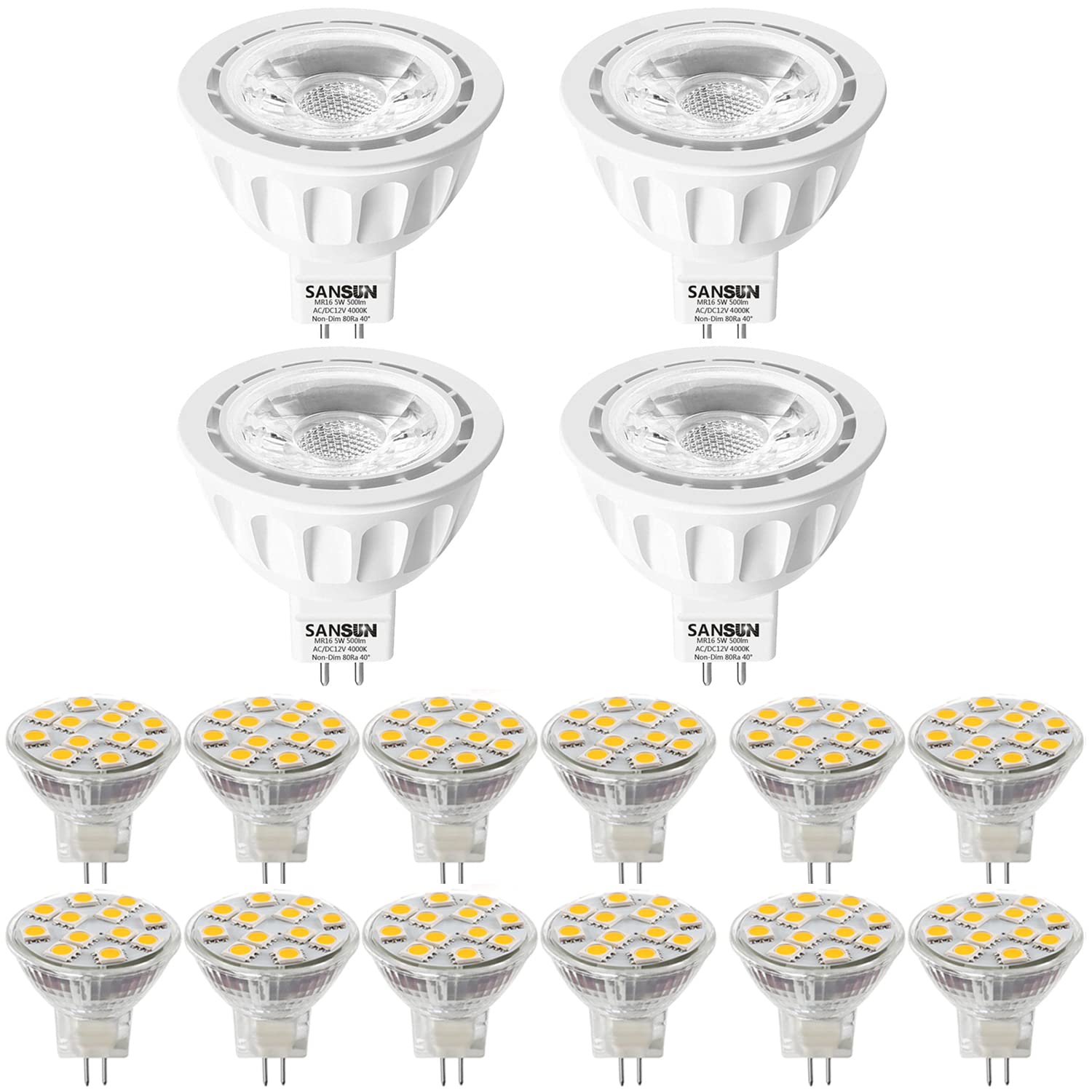 SANSUNLandscape LED Bulbs, Bundle with 4pcs 5W MR16 and 12pcs 2.4W MR11 for 12V Low Voltage Indoor/Outdoor Lighting, Non-Dimmable