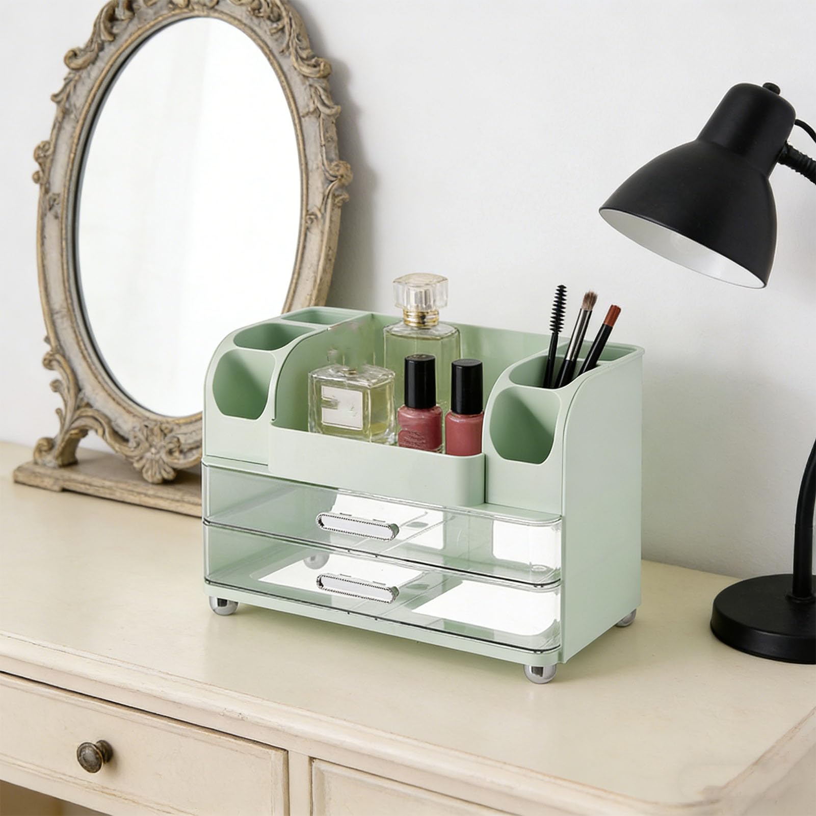 Make-up-Organizer, 3-lagige Kosmetikvitrine mit Großem Fassungsvermögen, 2 Schubladen und 6 Fächern für Badezimmer-Arbeitsplatte, Hautpflege, Schreibtisch, Büro, Waschtisch (GREEN)