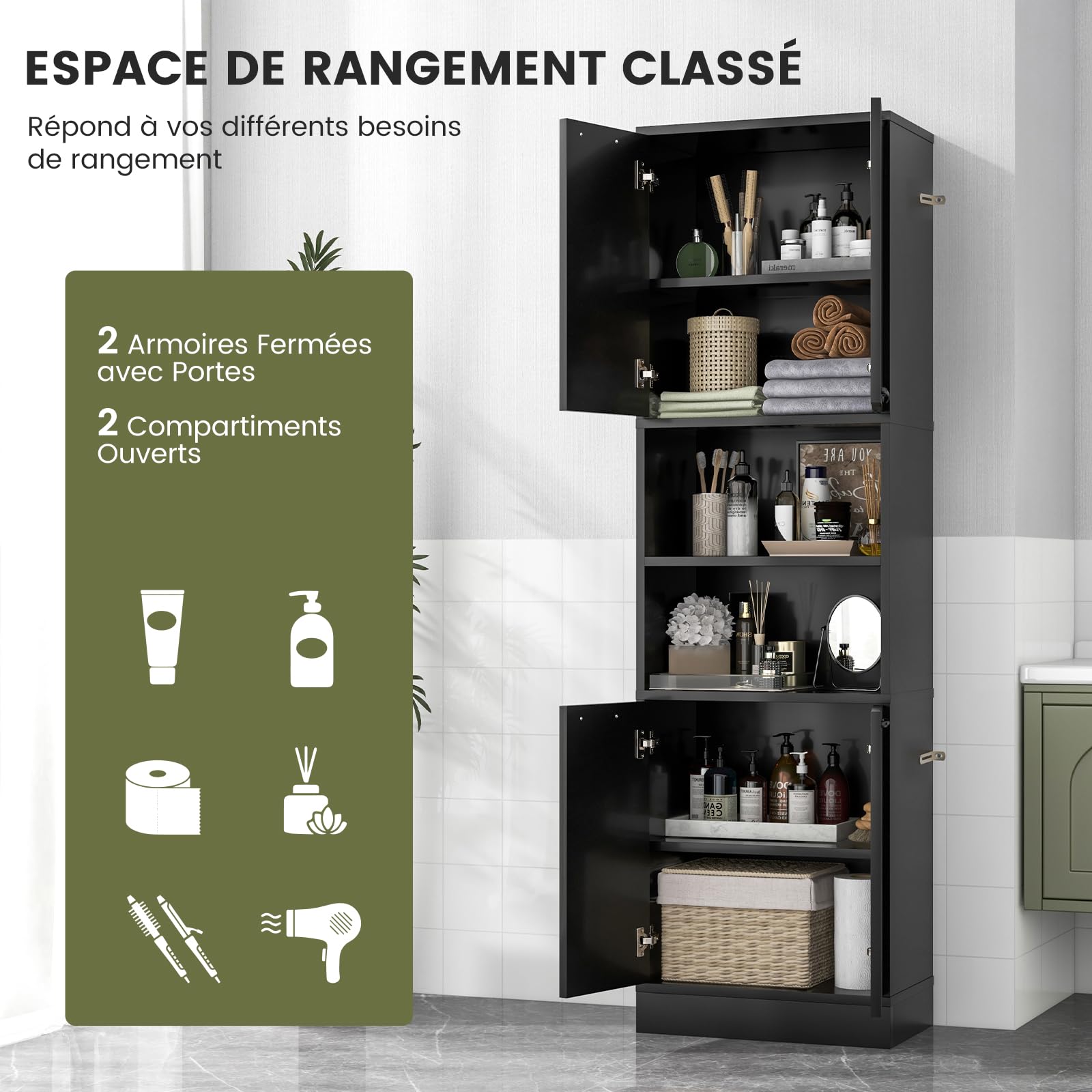 GIANTEX Buffet Cuisine Haut 190 cm, Meuble Cuisine Rangement avec 4 Portes, 2 Compartiments Ouverts, 4 Kits Anti-basculement, Armoire de Rangement 6 Etagères pour Salle de Bain (Noir)