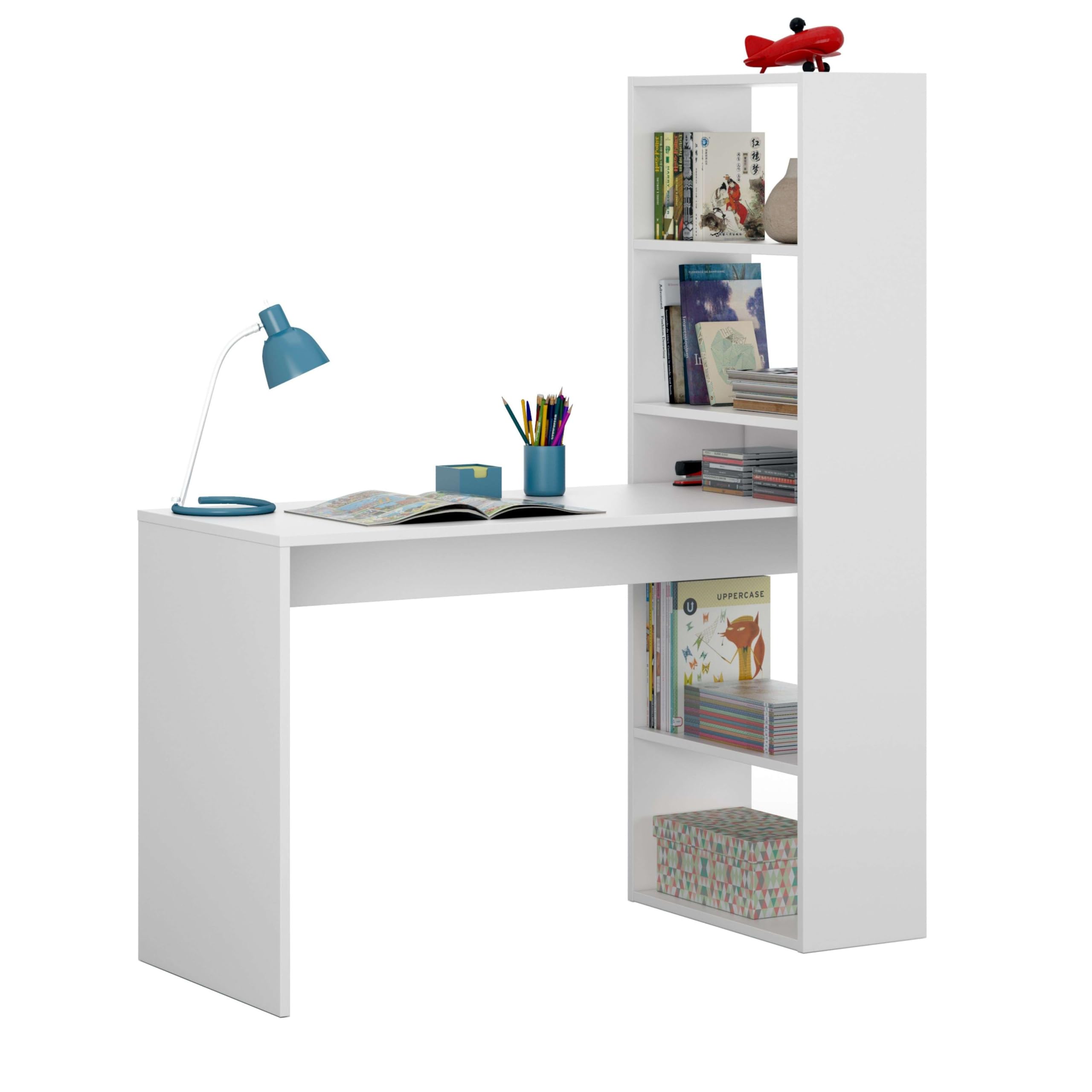 Habitdesign Mesa de Ordenador, Escritorio con Estanteria Reversible, Blanco Artik, Modelo Duplo, Medidas: 120 cm (Ancho) x 53 cm (Fondo) x 144 cm (Alto)