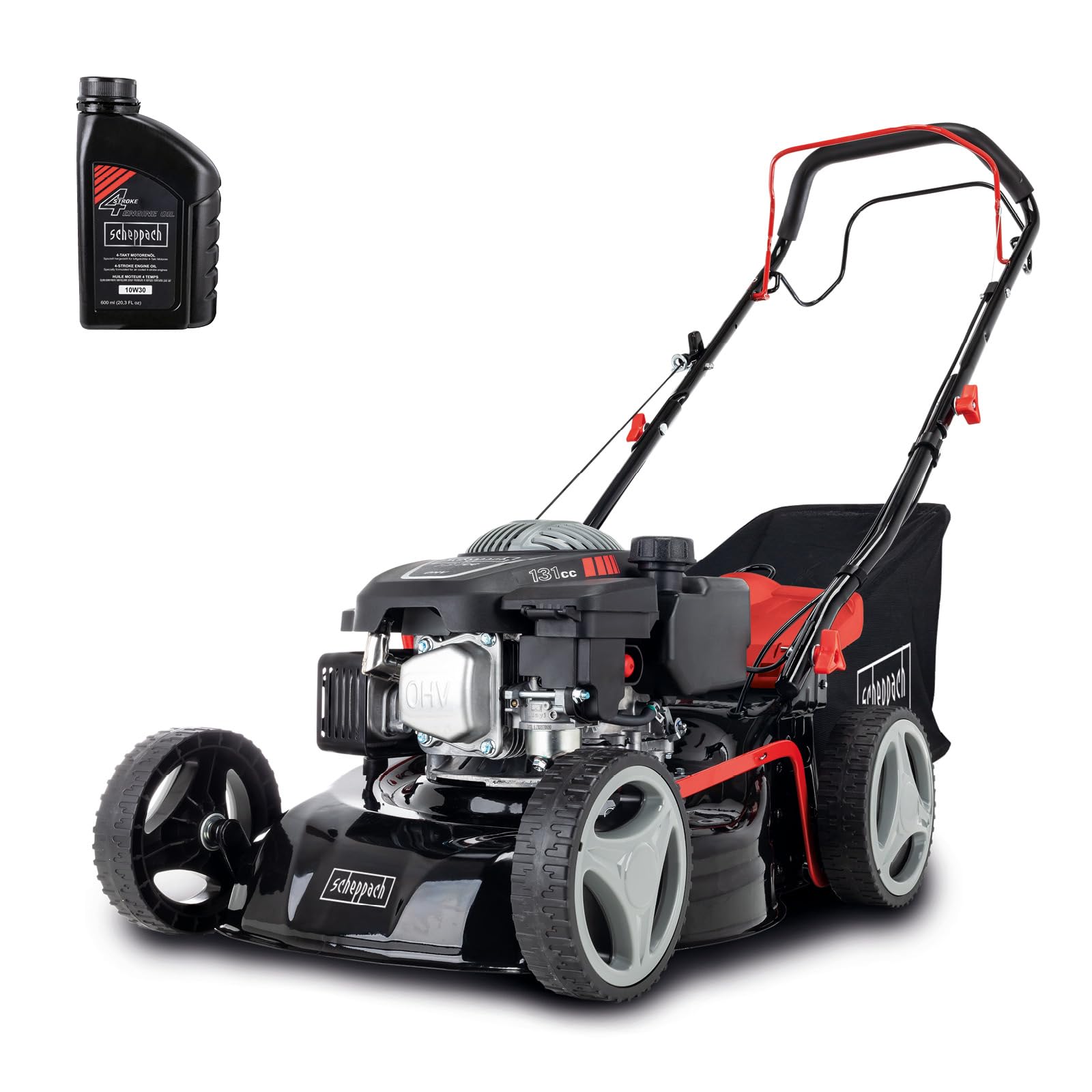Scheppach Rasenmäher RM420AE | 5in1-3,5PS | Schnittbreite 420mm | 45L Fangkorb | Schnitthöhenverstellung 25-75 mm | inkl. E-Start, Radantrieb, Reinigungsfunktion & Motoröl