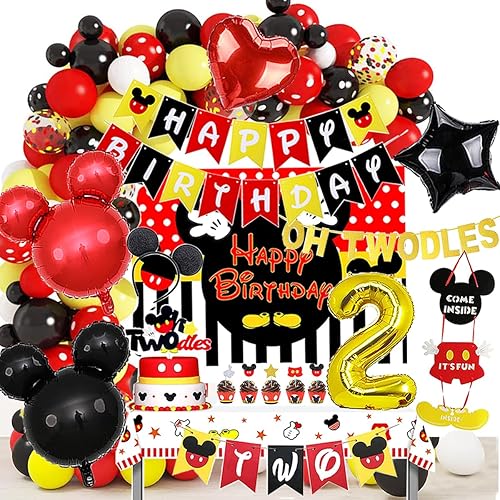 Decoraciones de fiesta temática de ratón de 2º cumpleaños rojo para niño Oh Twodles suministros de fiesta de cumpleaños conjunto de pancarta y globo