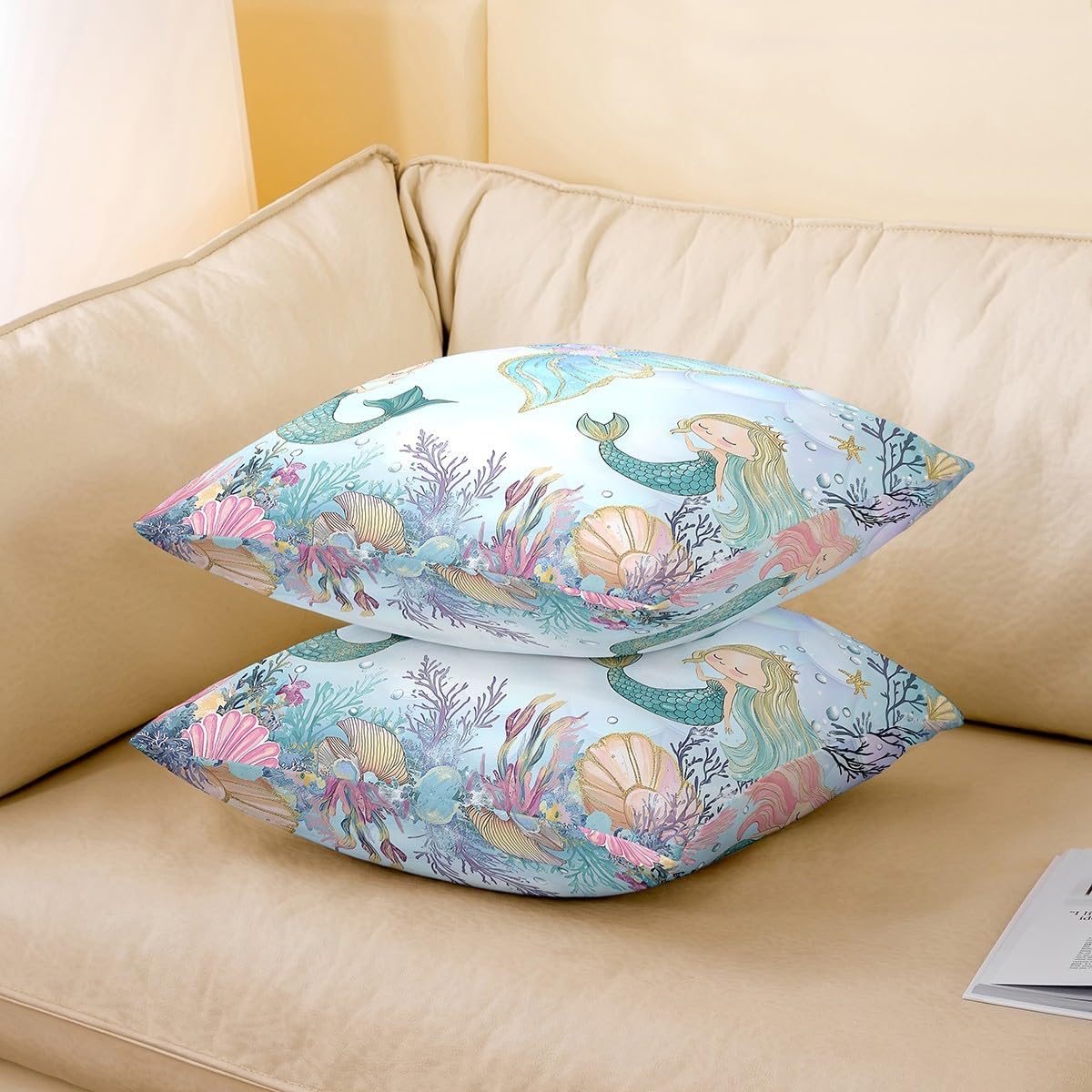 Mermaid Girls Pillow Cover 16"x16" Single Pack,Underwater World Princess Throw Pillow Cover,Luxury Mermaid Tail Pillow Case for Kids Boys Teens,Watercolor Coral Seagrass Cushion Cover image 3