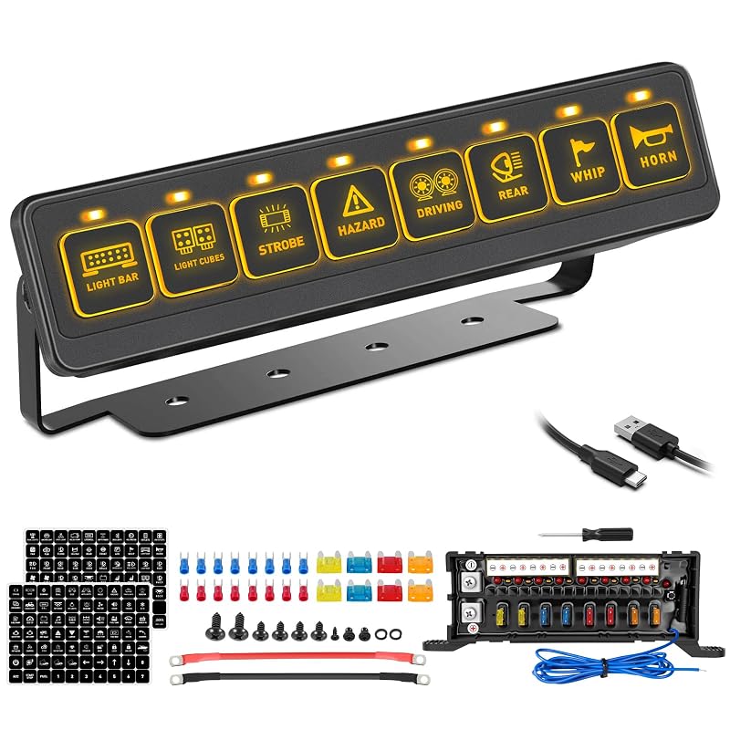 Painel de interruptores sem fio Niking Auto 8 vias com controle remoto, relé e USB para acessórios 12–24 V – Kit