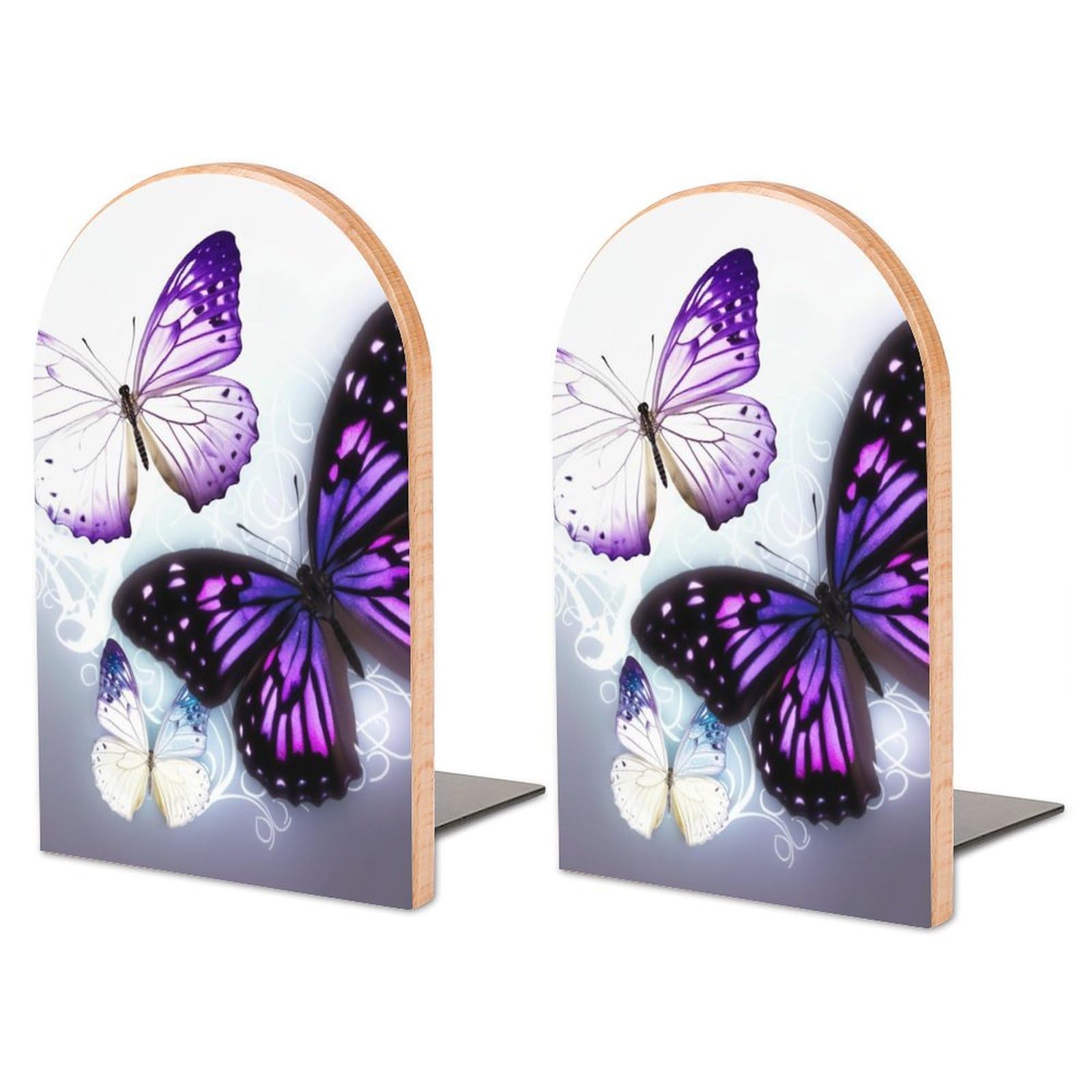 Wood Book Ends for Shelves,White Purple Butterflies Print Decorative Bookends for Heavy Books,Unique Cute Bookend with Metal Non-Slip Base for Home