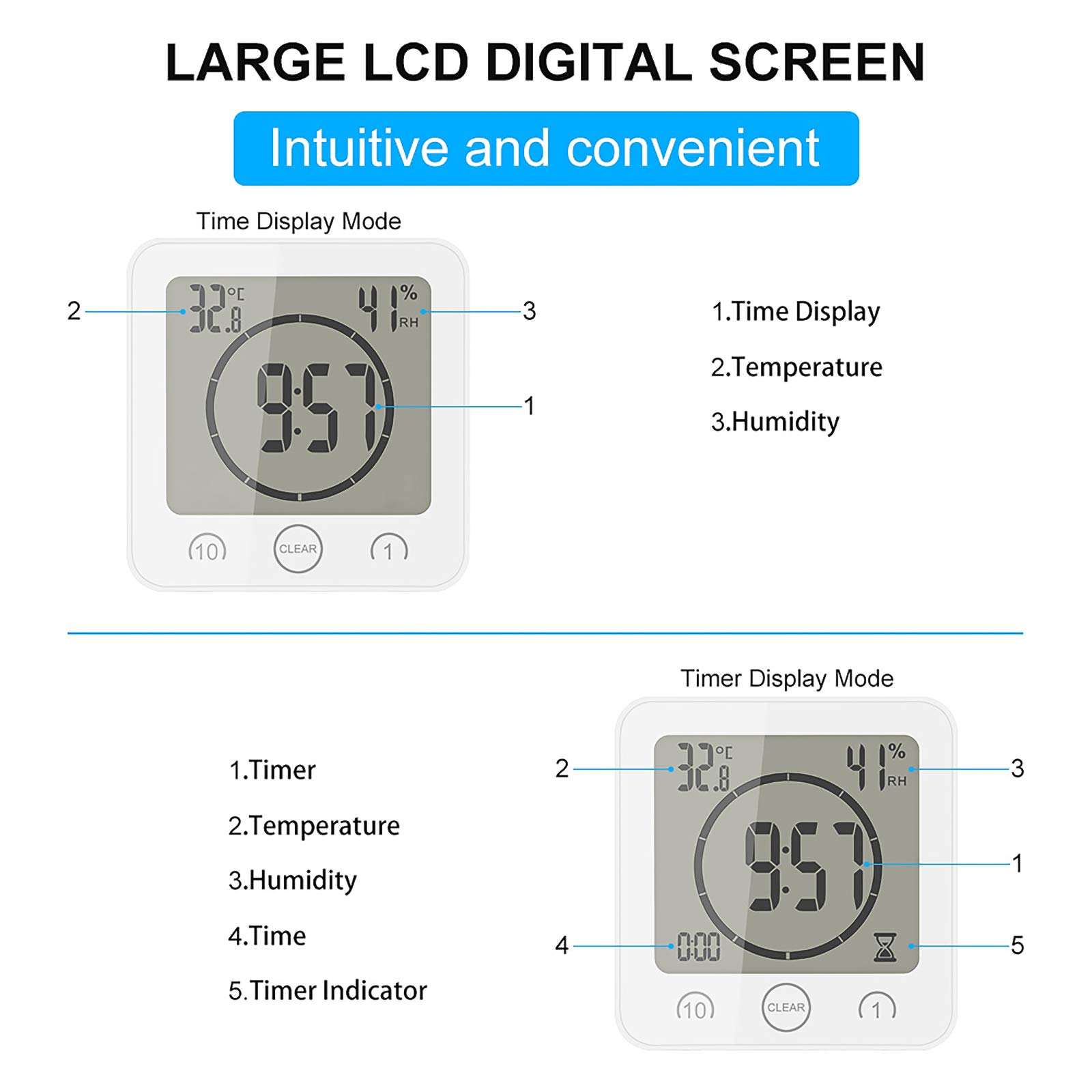 Reloj de Baño, LCD Reloj de Ducha Digital Alarma Impermeable Control Temperatura Humedad, Temporizador de Cuenta Regresiva, 3 Métodos de Montaje, Energía de la Batería