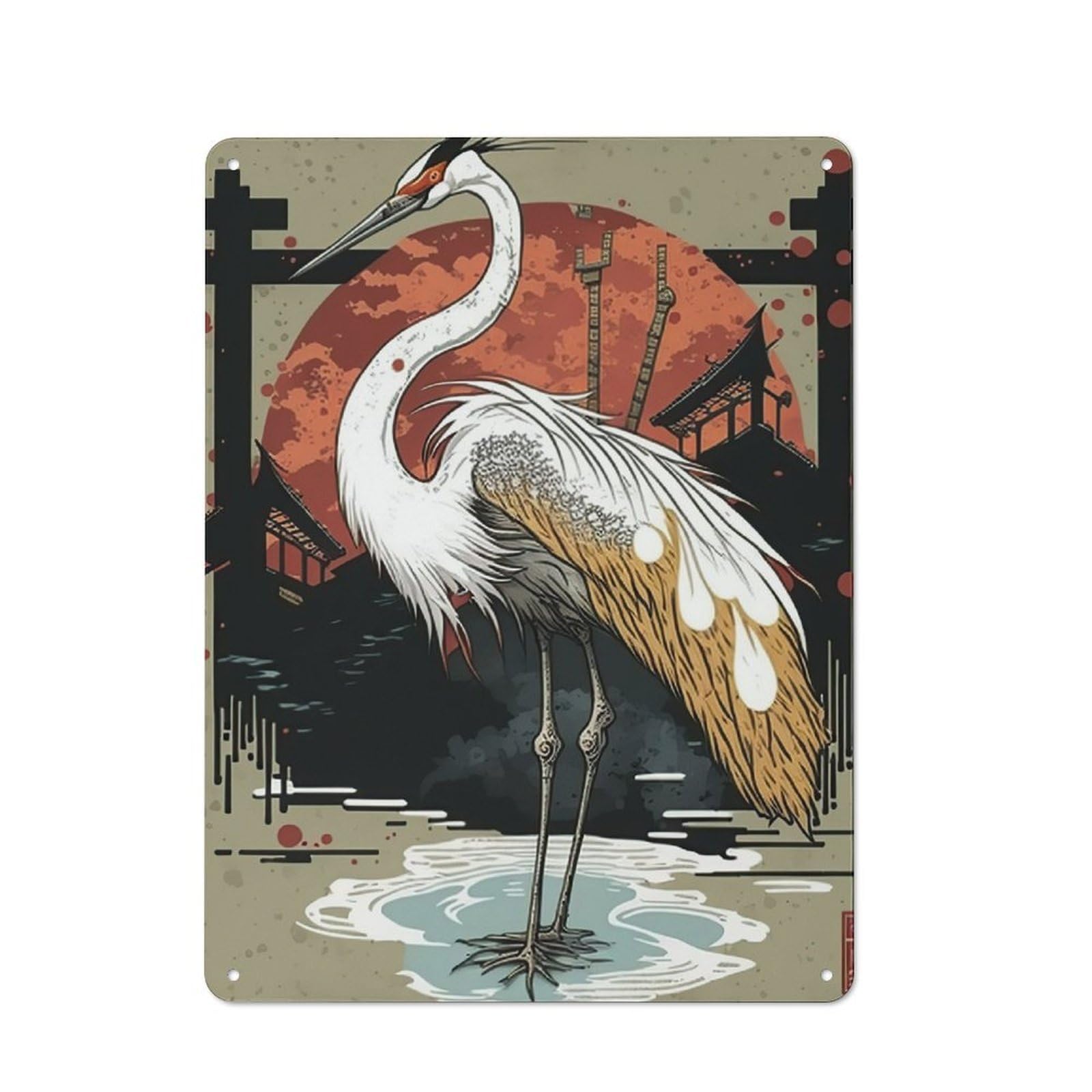 Junmoney Crane Japan Vintage Metal Wall Decor 40X30cm, Tin Sign For Cafe, Pub, Workshop Or Home Bar, For Casual British Interiors