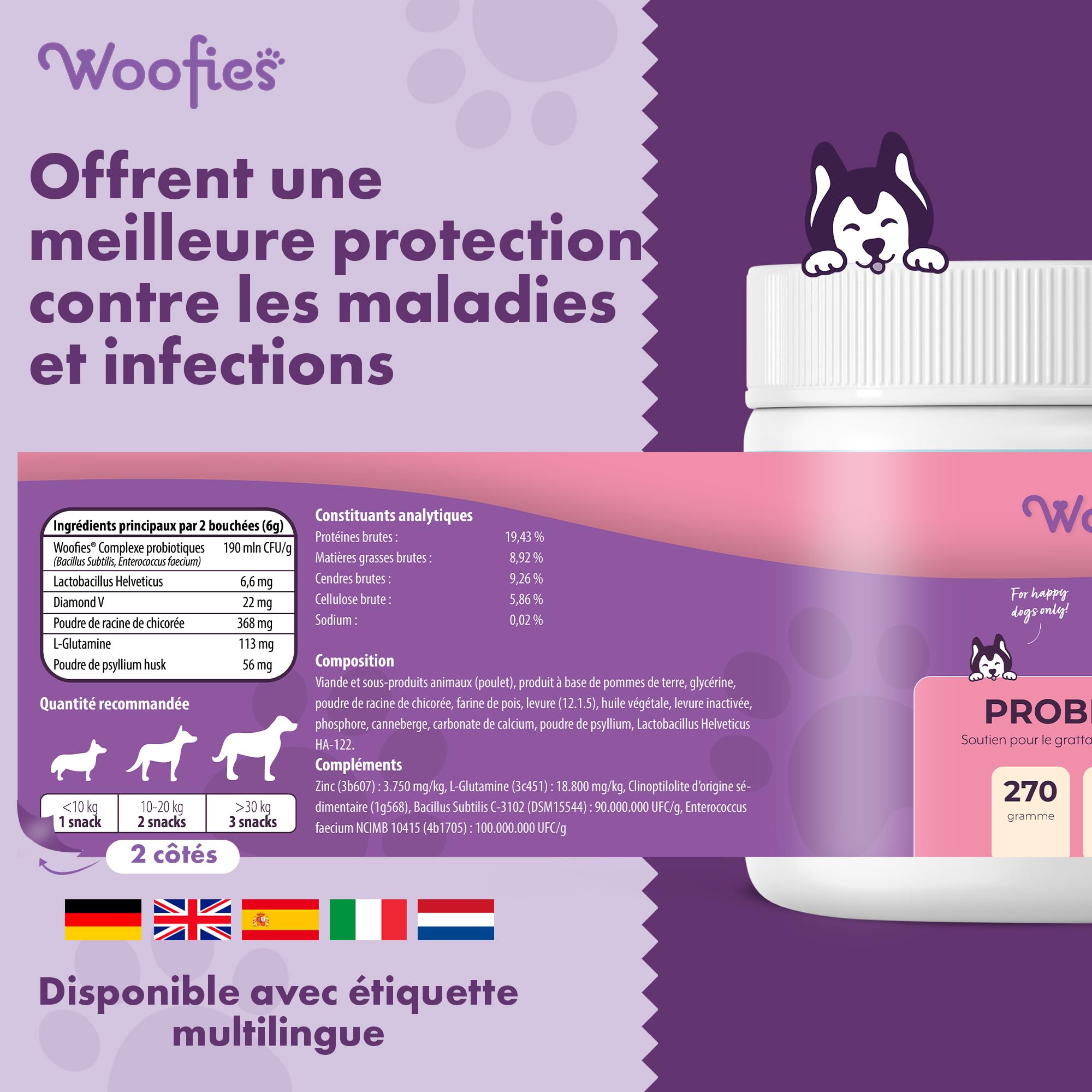 Friandises Probiotique Flore Intestinale pour Chiens – 90 Pièces Hypoallergéniques – Renforce la Flore intestinale, favorise la Digestion et Le système immunitaire – 100% Naturelles - Saveur Poulet