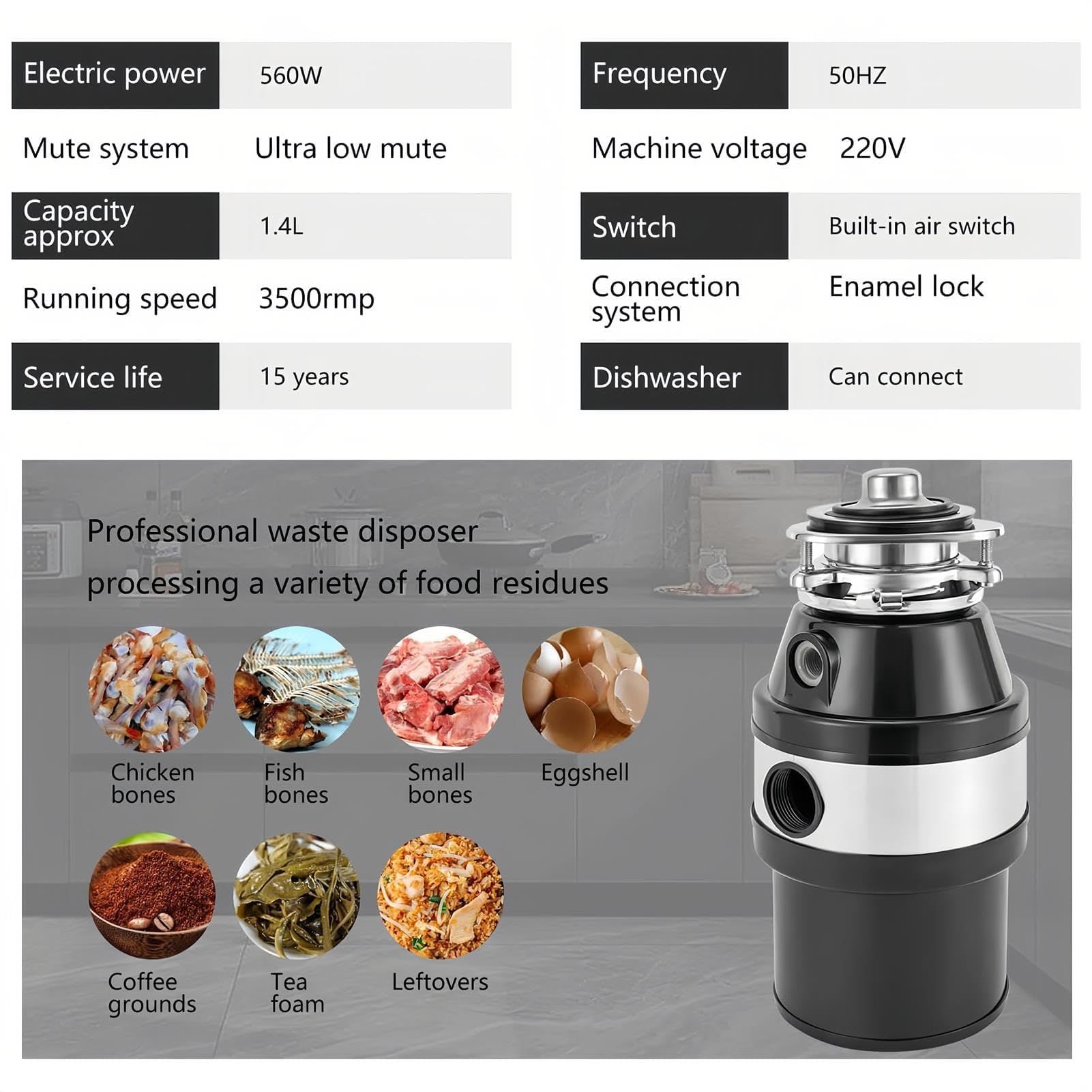 Triturador de residuos de alimentos, 1,2 L, 560 W, unidad de eliminación con protección contra sobrecarga para fregadero de cocina