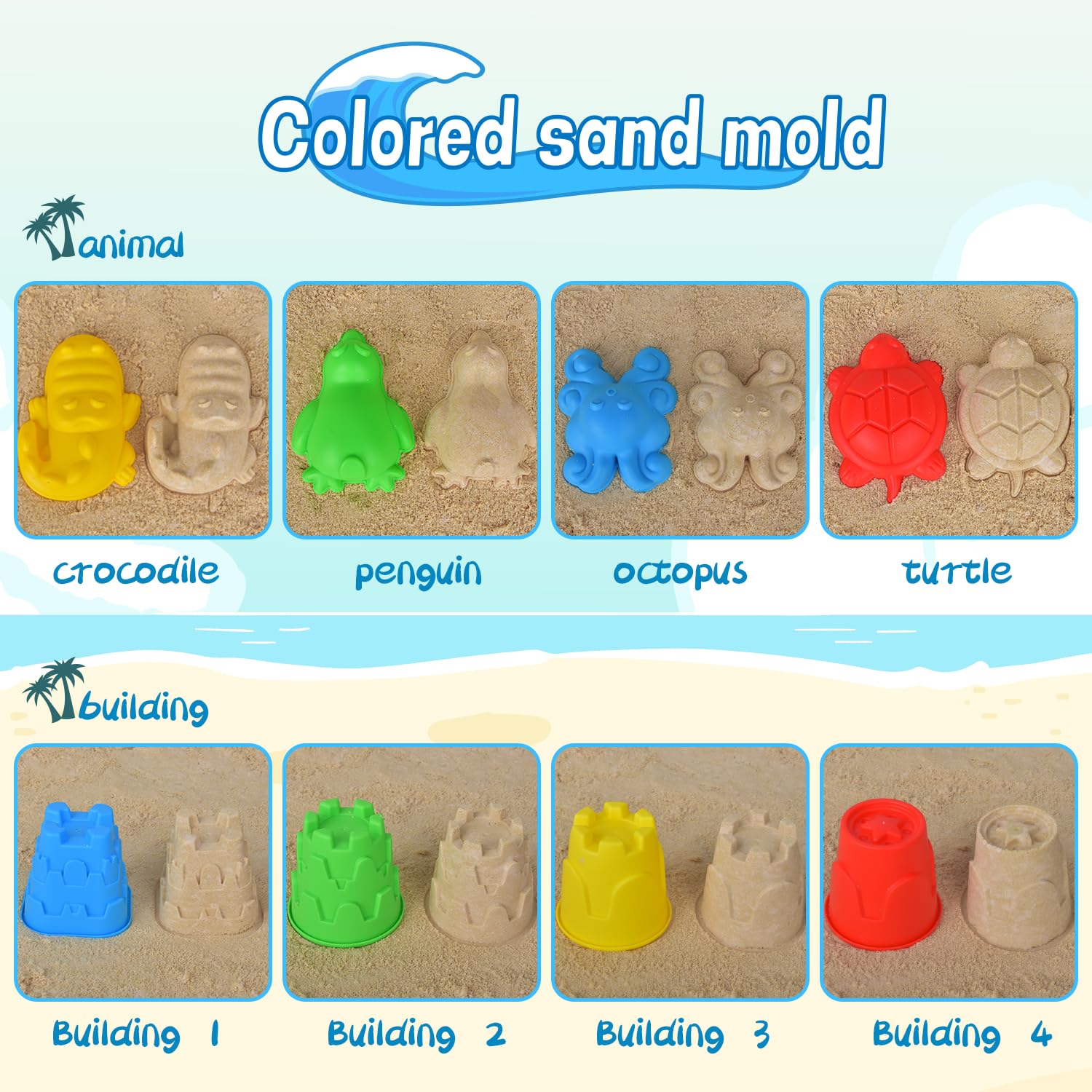 Beach Toys, 14Pcs Sand Toys with Construction Vehicle and Collapsible Beach Bucket, Animal Sand Mold Sets - Image 4