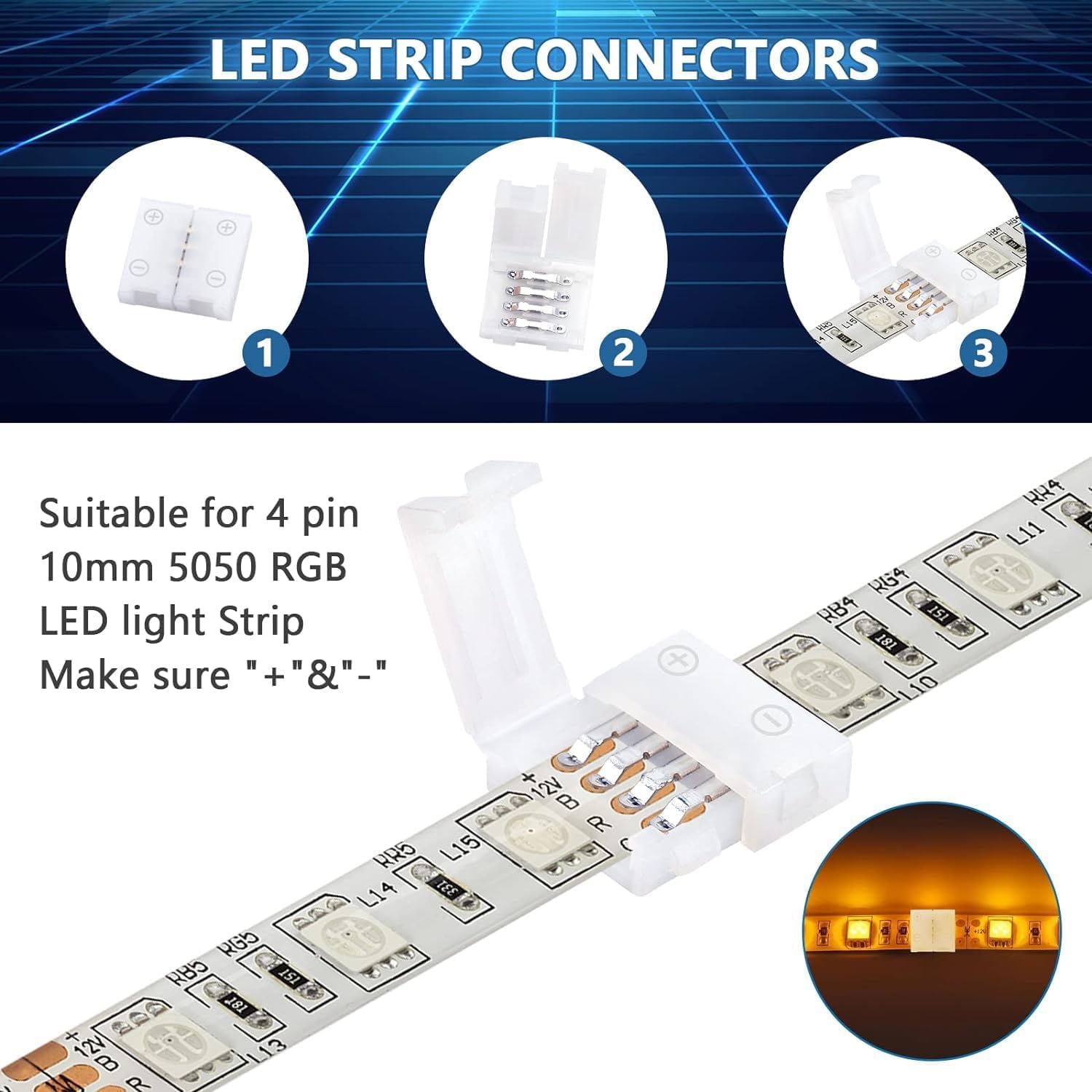 SHAOYAYAZHANG Pack of 10 4-Pin LED Connectors for LED Strip Lights 10 mm Wide Gapless LED Tape Light Clips Solderless Adapter Extension (4pin-10 mm) - Image 3