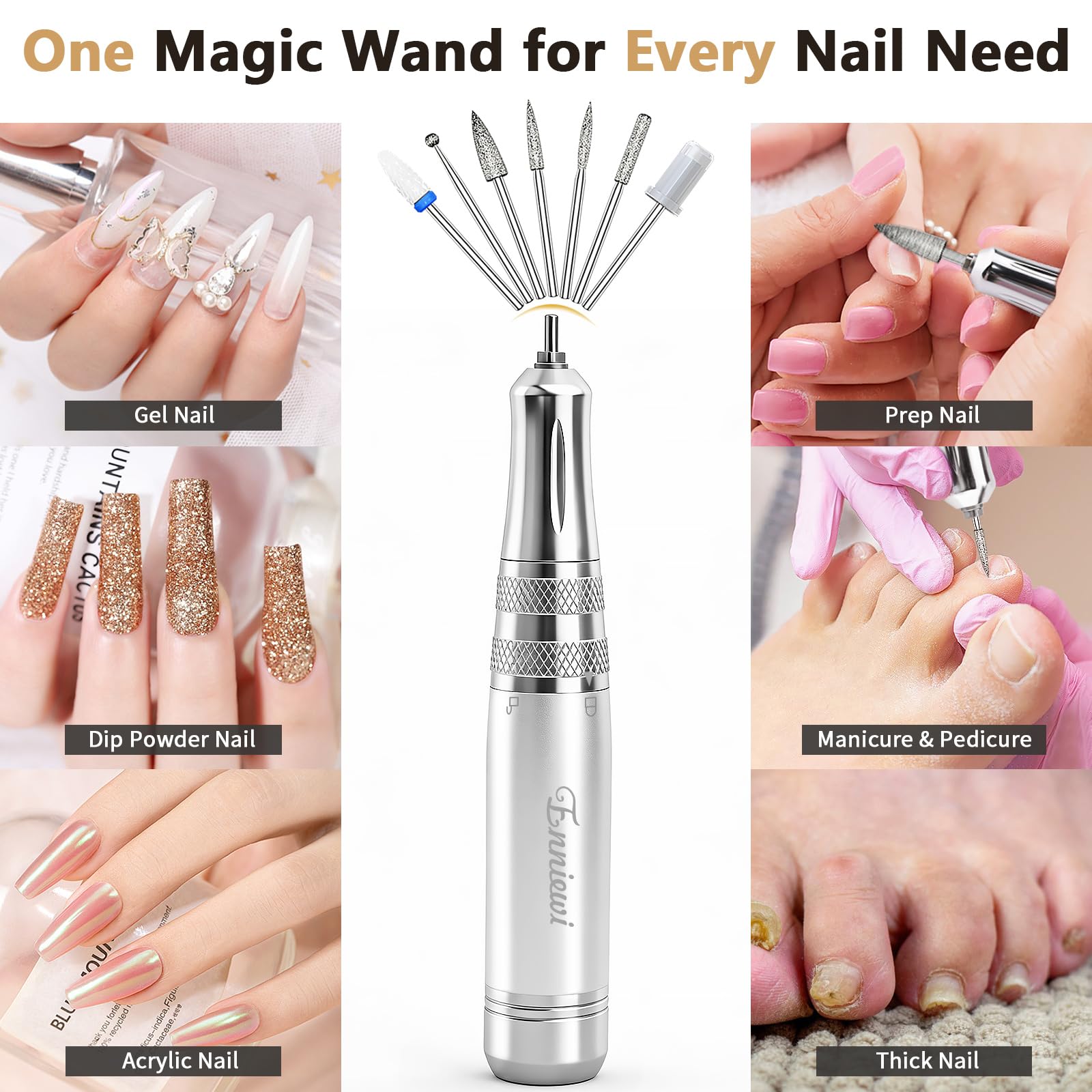 7-in-1 Torno para Uñas Profesional 35000 RPM, lima uñas electrica con Base de y 7 Brocas, para Uñas de Gel de Acrílico Eliminado, Manicure e Pedicure, Inicio / Salón, Blanco