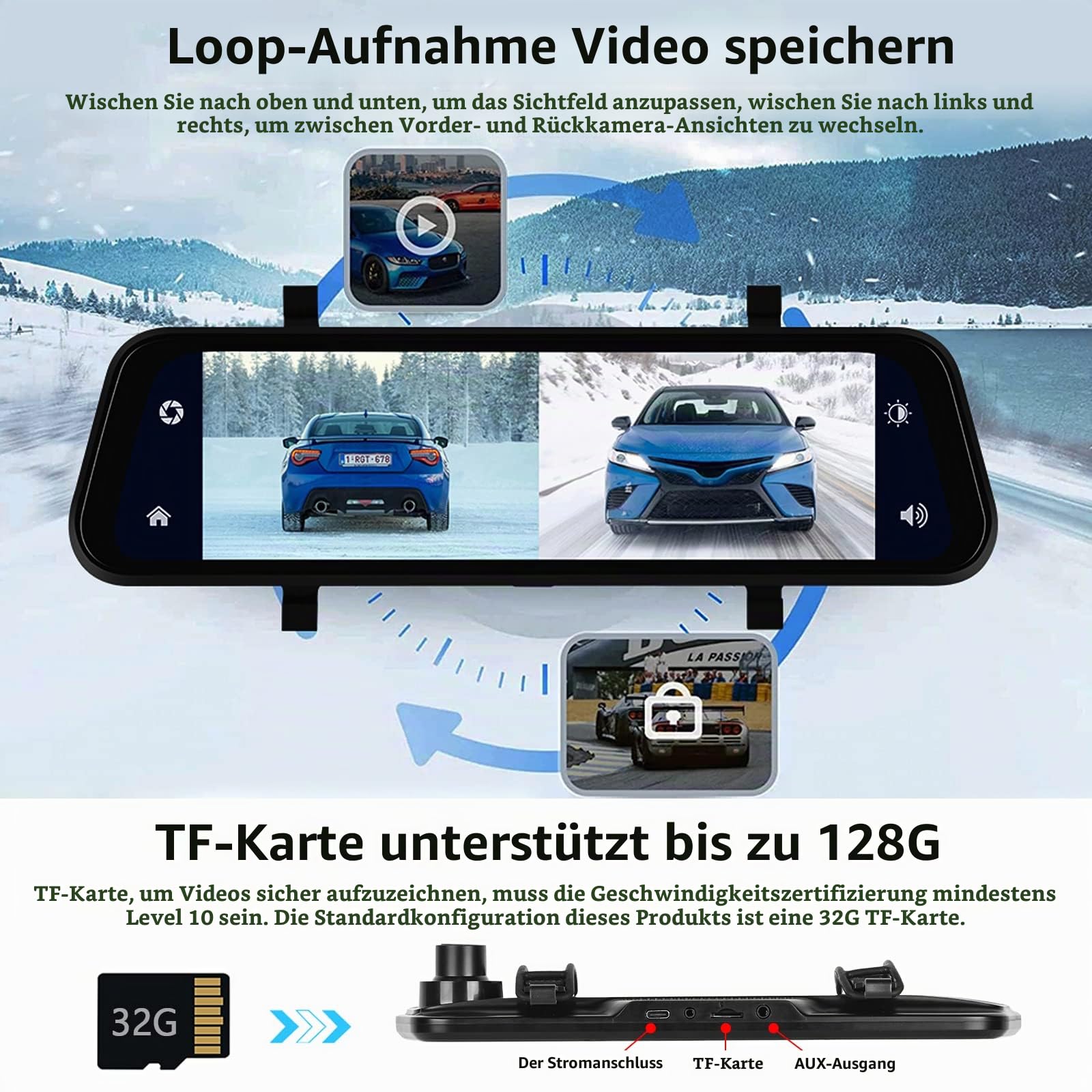 Hodozzy Spiegel Dashcam Carplay Wireless Android Auto Bluetooth 9,66 Zoll IPS Touchscreen Frontkamera Rückfahrkamera wasserdichte Nachtsicht WDR Autokamera Rückspiegel Parkmonitor 64G TF-Karte FM AUX