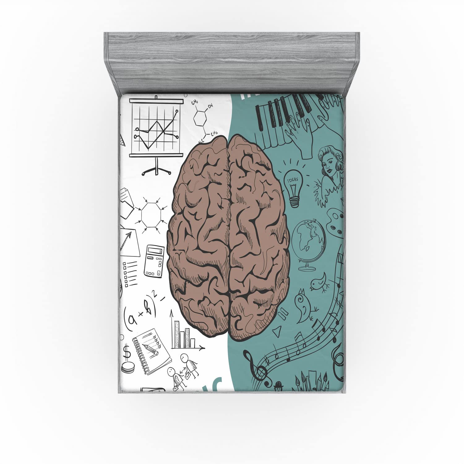 Ambesonne Modern 2 Pack Fitted Sheet, Music Logic Brain Art, Bed Cover All-Round Elastic Deep Pockets 2 Pieces, Package Contains 2 Queen Size Fitted Sheets, Turquoise White