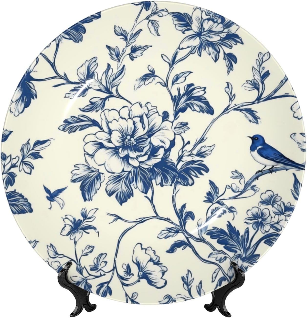 Vintage Blue Floral Style Ceramic Plate Display Decorative Plate With Stand Wall Hanging Plate For Home Decor 10 Inch