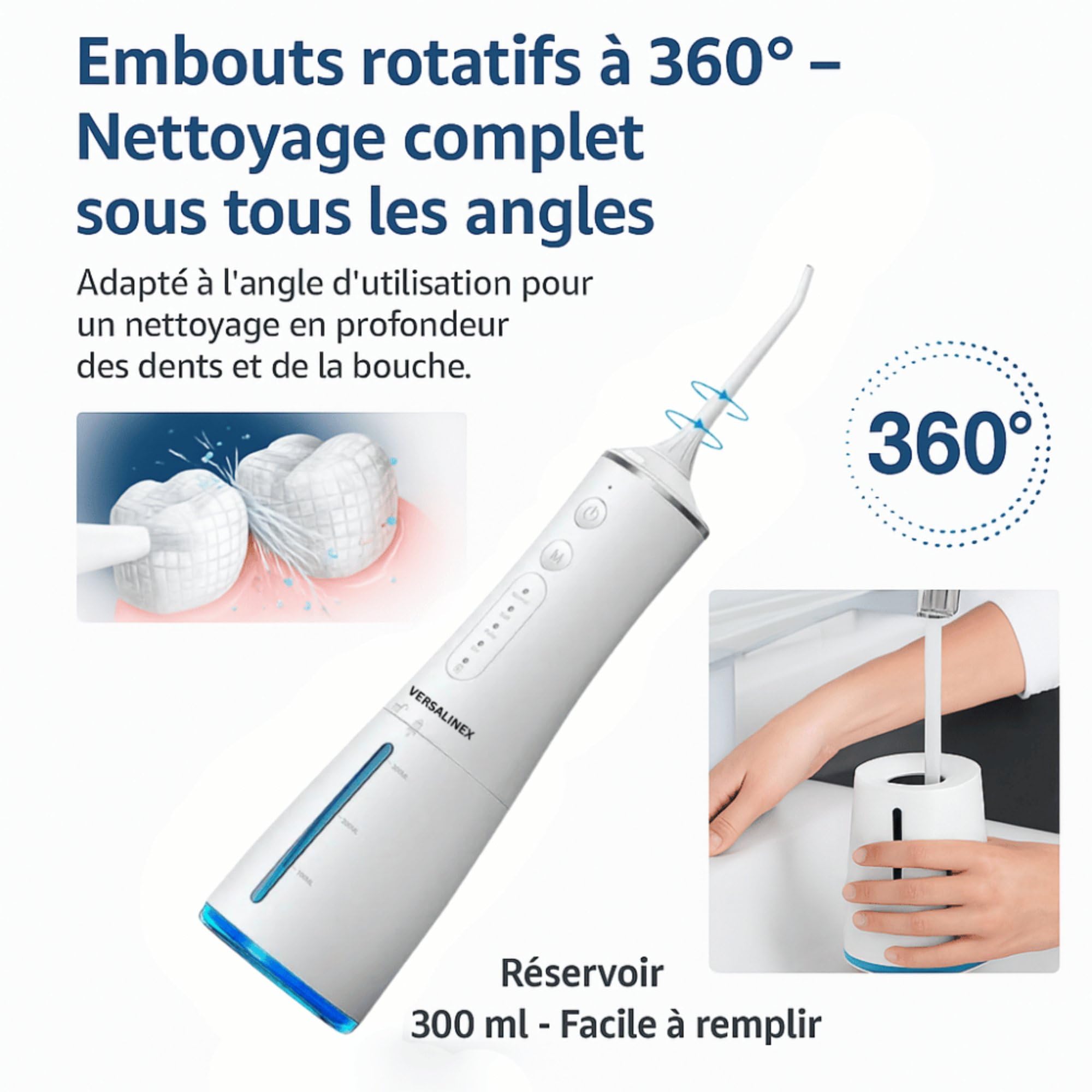 Jet d Eau Dentaire Hydropulseur Professionnel Portable – Compact pour Voyage Rechargeable USB-C avec 4 Modes 4 Embouts Rotatifs – convient aux Gencives Sensibles, Orthodontie (Blanc)