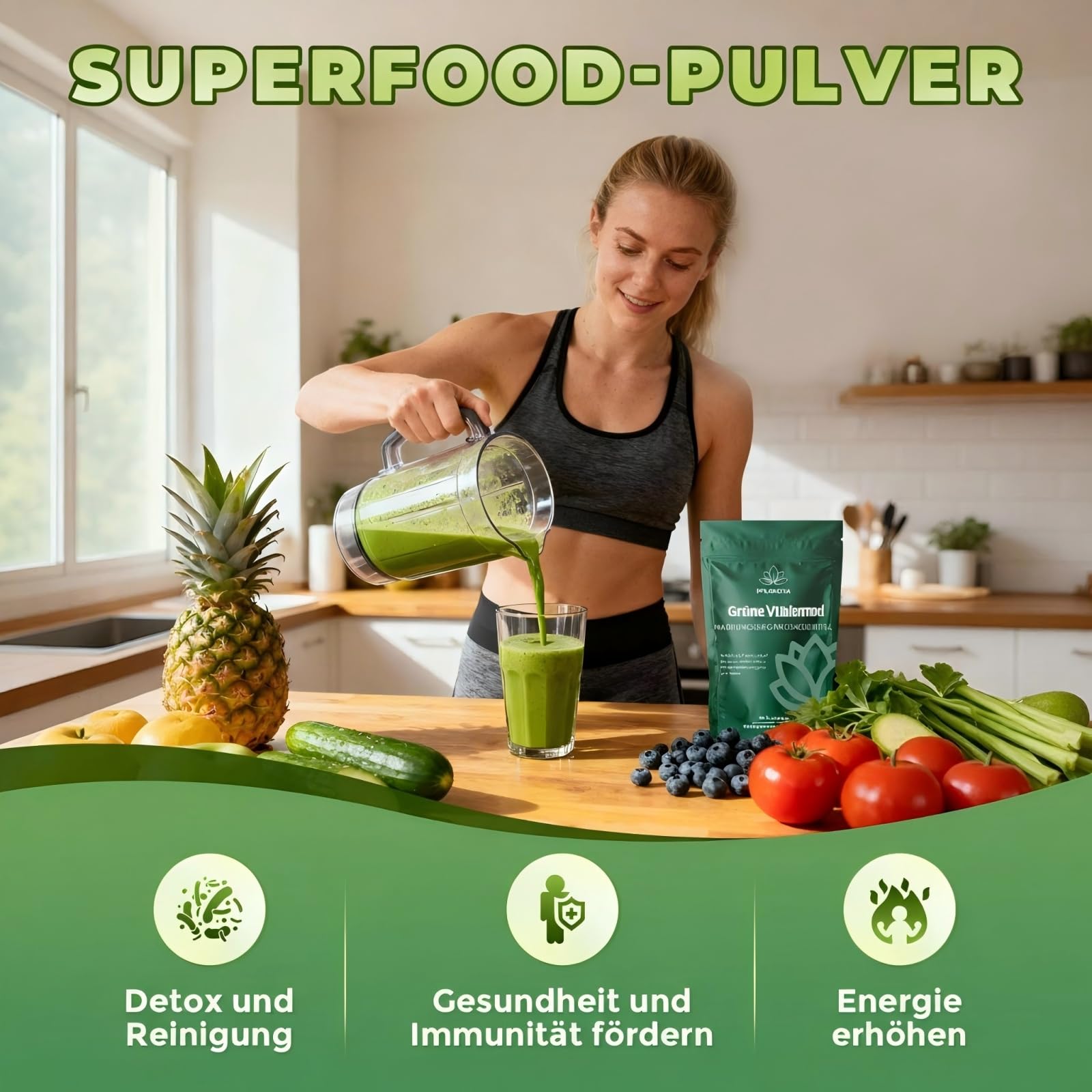 Grünes Superfood Pulver 200g – Greens Mix mit Matcha, Spirulina, Gerstengras & Heidelbeeren | Ballaststoffreich & Vegan | Natürliches Pflanzenpulver für Alltag Ernährung