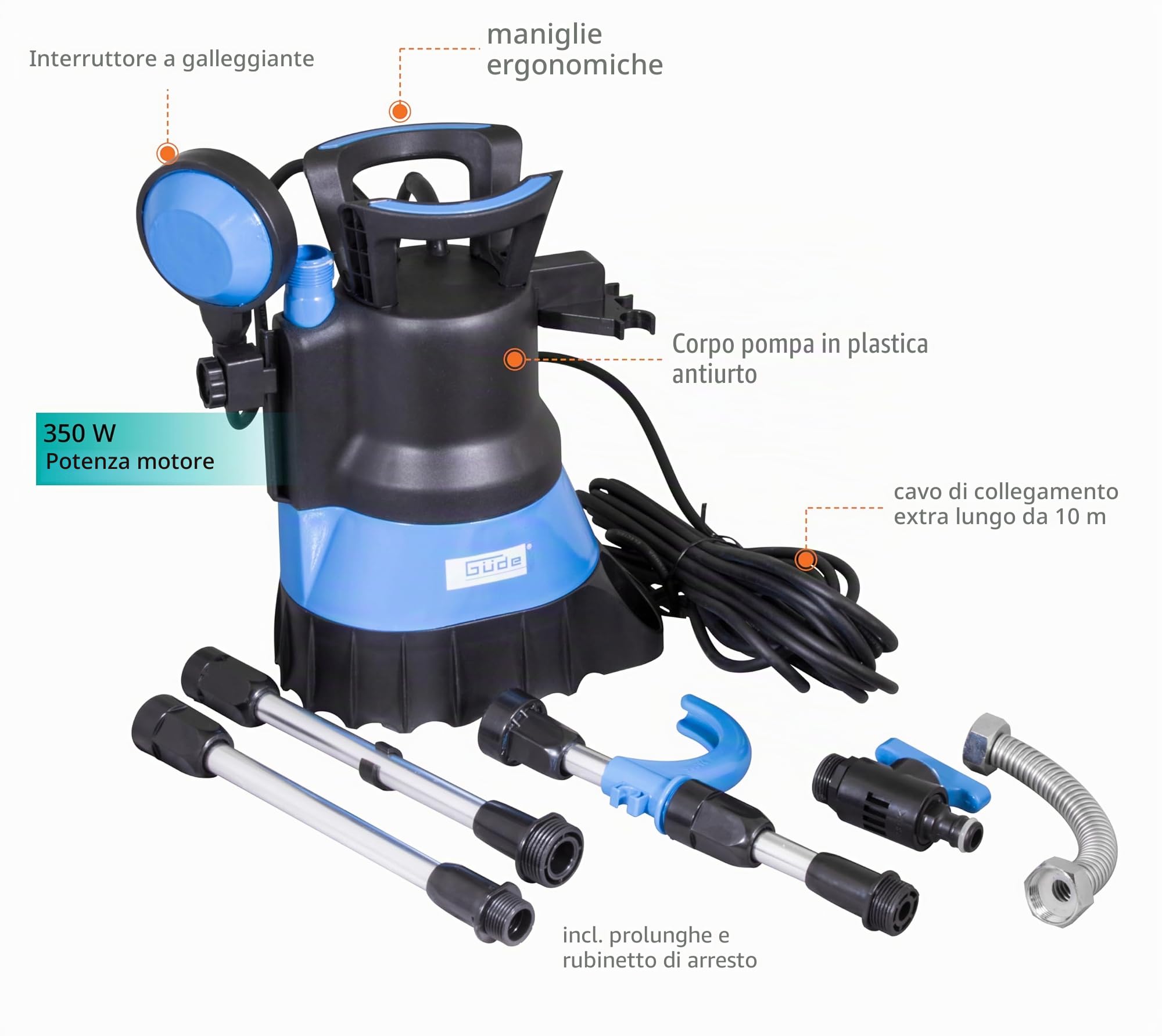 Güde Pompa sommergibile GFP 5201 (350 W, 5200 l/h, altezza massima di mandata/profondità di immersione 11 m/7 m, ruota in noryl, cavo di collegamento da 10 m, dimensione grana: 3 mm, interruttore