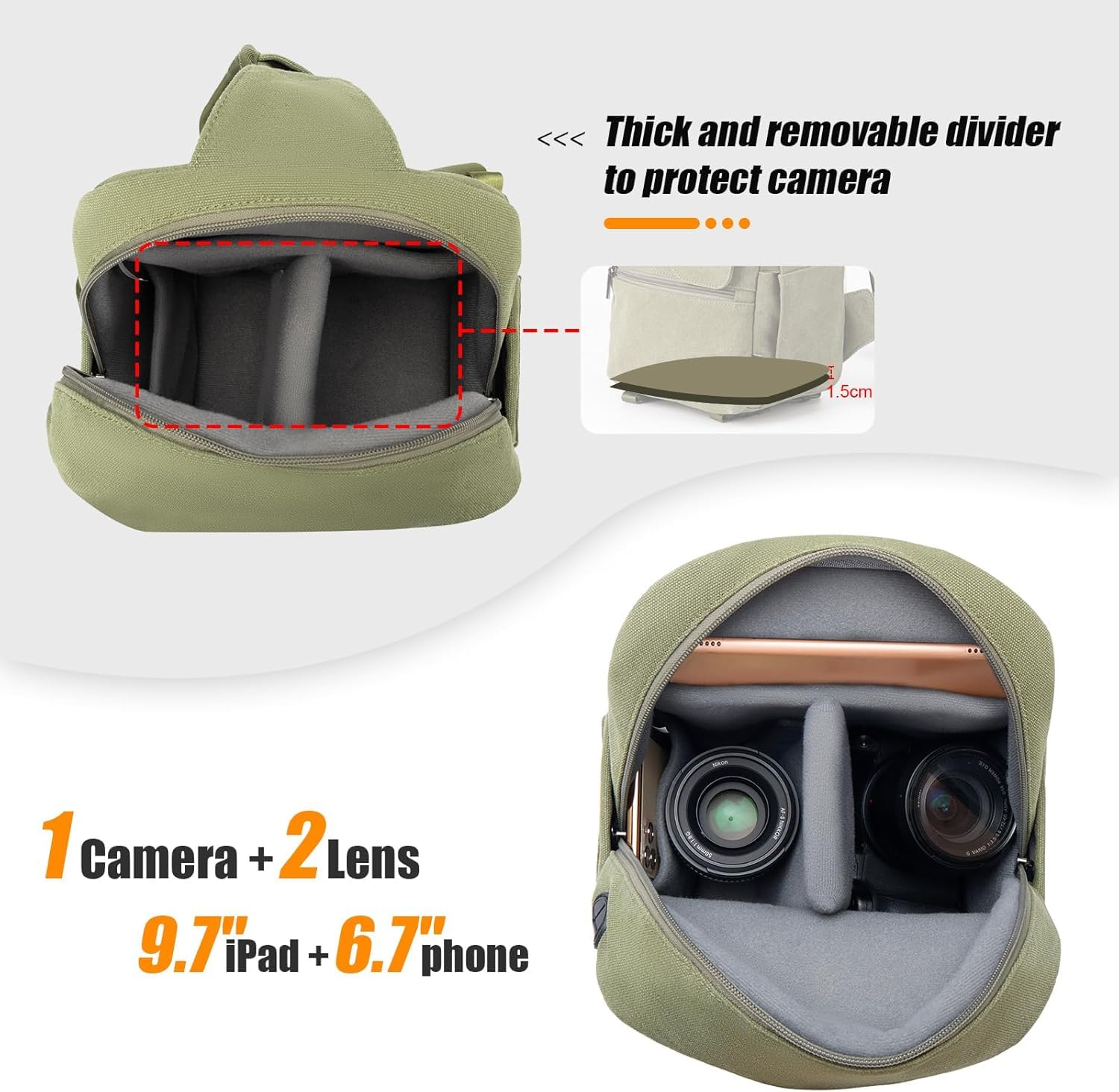 Cwatcun Borsa per fotocamera, borse impermeabili per fotocamera Borsa a tracolla grande, borsa per fotocamera per SLR, SLR/DSLR, fotocamera compatta, fotocamera di sistema e accessori, Verde,L