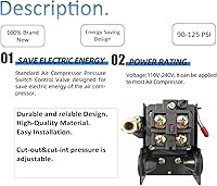 Vista 3 de Interruptor de presión de compresor de aire de alta resistencia, control de 90-125 psi, puerto único, 26A, reemplaza