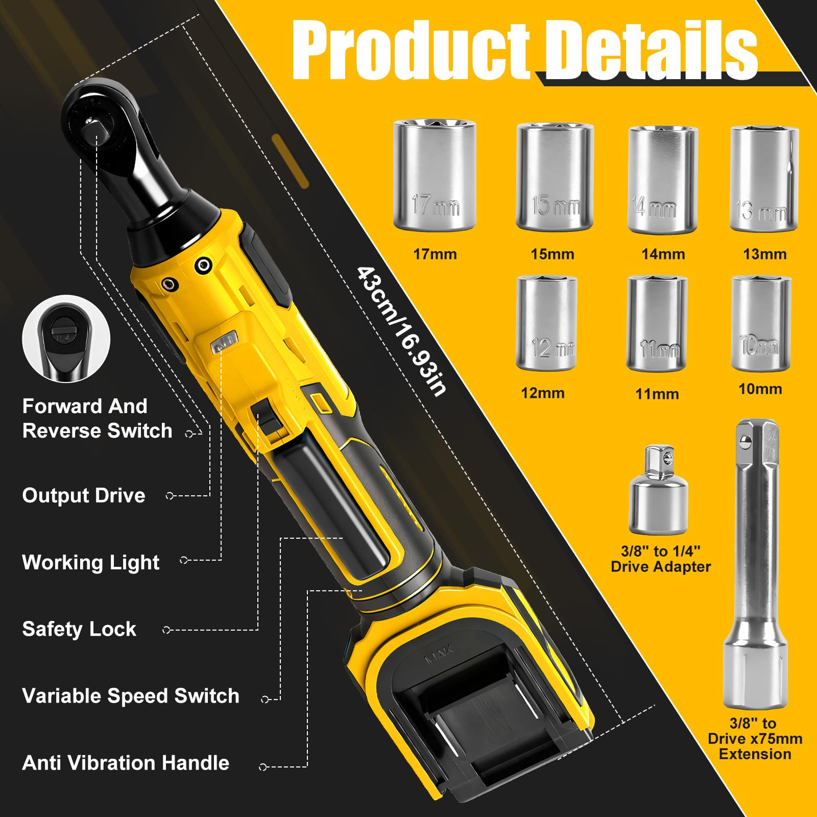 Chiave a cricchetto a batteria da 3/8", compatibile con batteria Dewalt da 20 V (senza batteria), 80 Nm, cricchetto elettrico brushless con adattatore da 1/4", asta di prolunga e 7 bussole