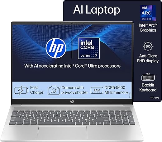 HP 14 AI Laptop, Intel Core Ultra 7 155H, 12 Tops, 16GB DDR5, 512GB SSD (Win11, Office21, Silver, 1.4 kg) Anti-Glare FHD, 14-inch (35.6 cm) Intel…