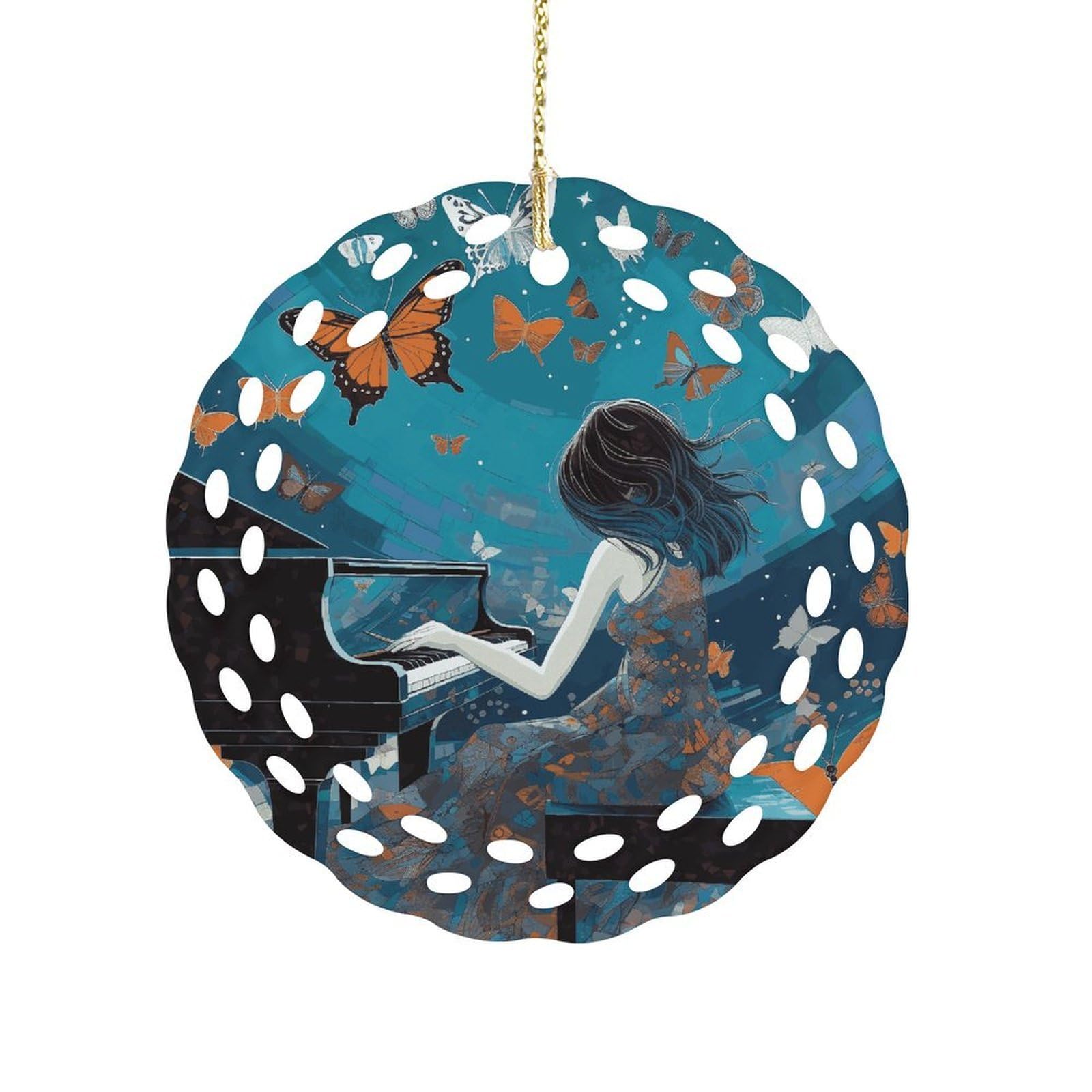 Fekiloot Girls Style Playing Piano Ceramic Ornaments 3 Inch Round,Holiday Keepsake For Women,,Pet Owners,Hanging Ornament Gifts Idea For Home
