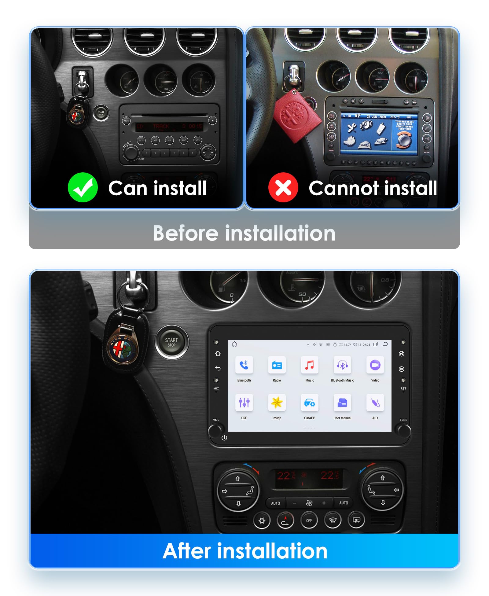 Hizpo Autoradio Android 13 Per Alfa Romeo 159/Brera/Spider – Touch 7" QLED Con CarPlay Wireless, GPS, DSP E 4G LTE