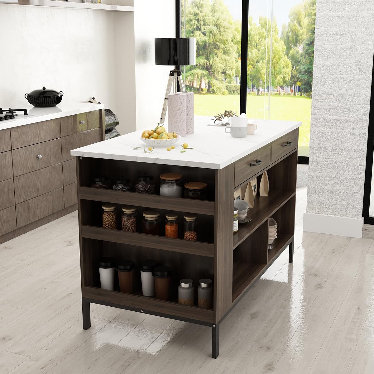 Isla de cocina con 2 cajones y 6 estantes, losa de mármol, 75 x 140 x 92 cm, marrón oscuro y blanco