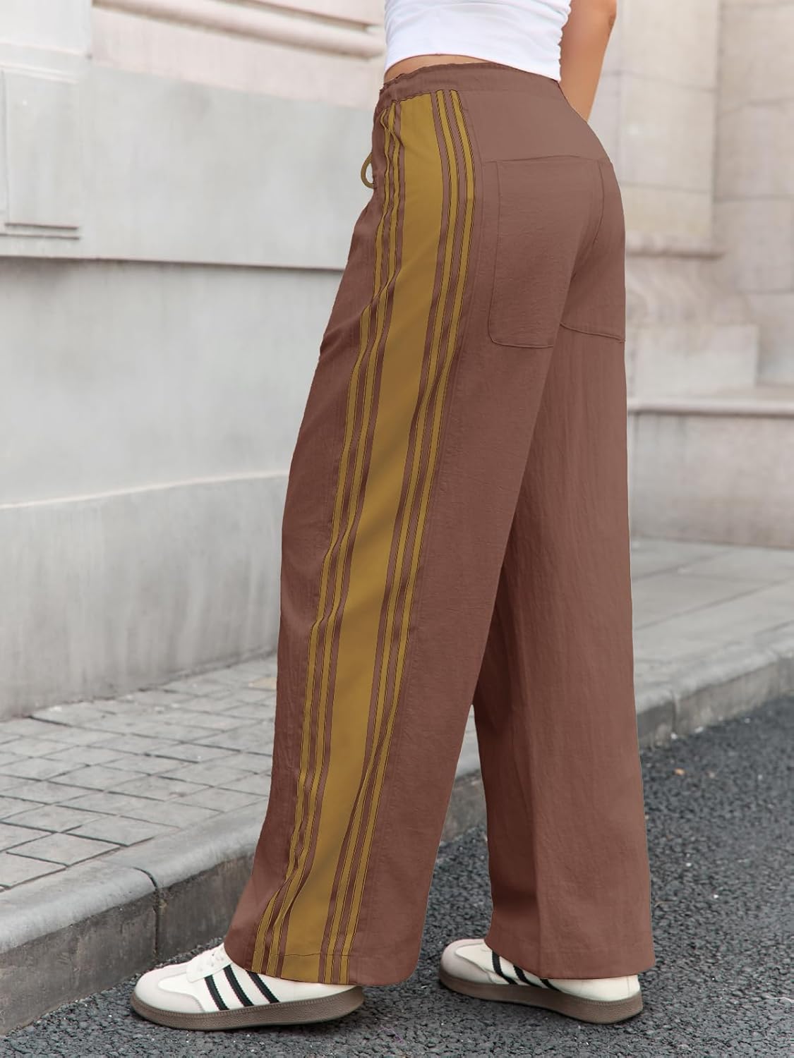 Fisoew Womens Wide Leg Pants Drawstring High Waisted Striped Baggy Palazzo Track Pants with Pockets - Image 3