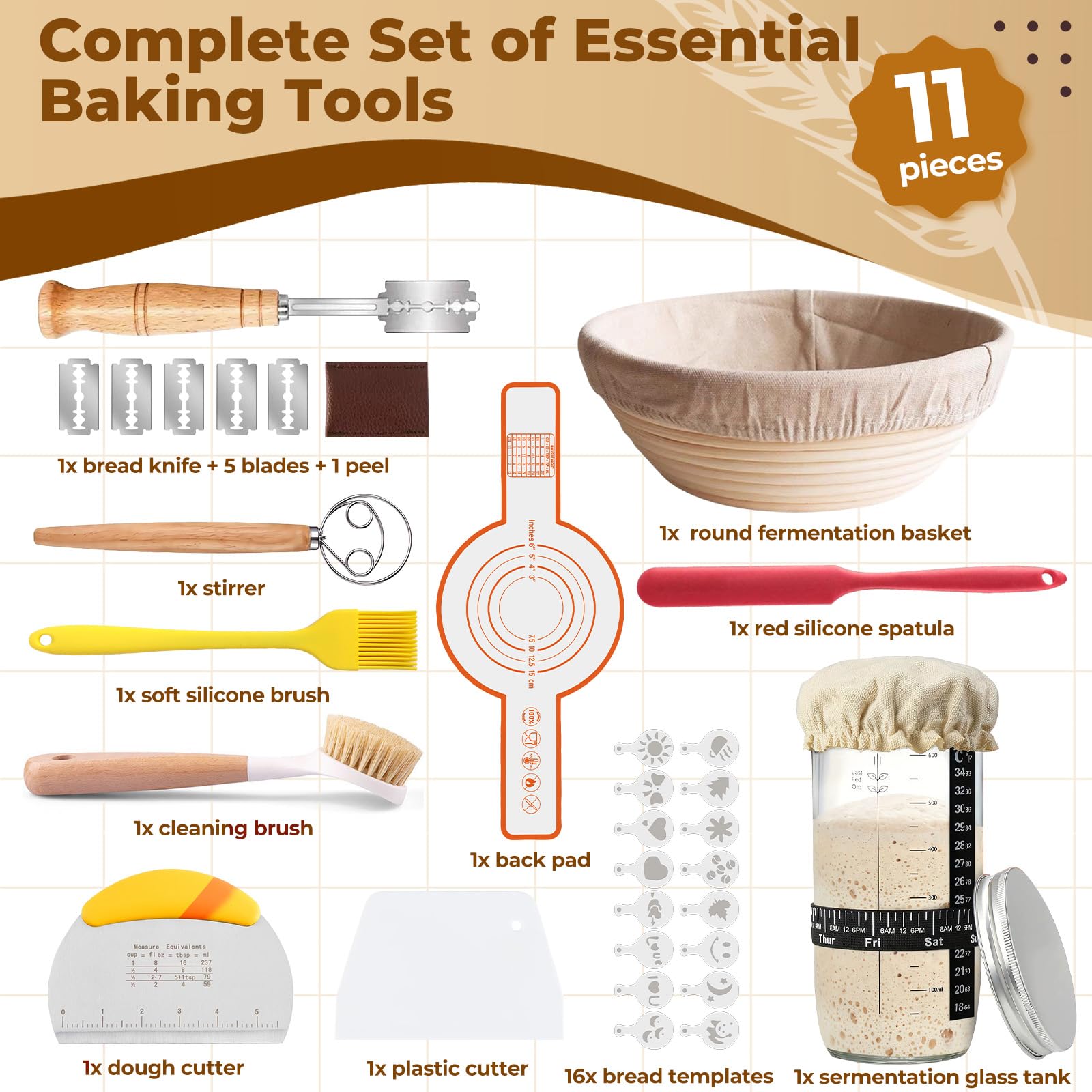 Banneton pour Pain, Corbeille a Pain Rond 25cm, Pot de Fermentation 700ml, Grattoir à Pâte, Brosse, Kit Boulangerie pour Pains à Levain, Panier a Pains pour Débutant, Passionné de Boulangerie