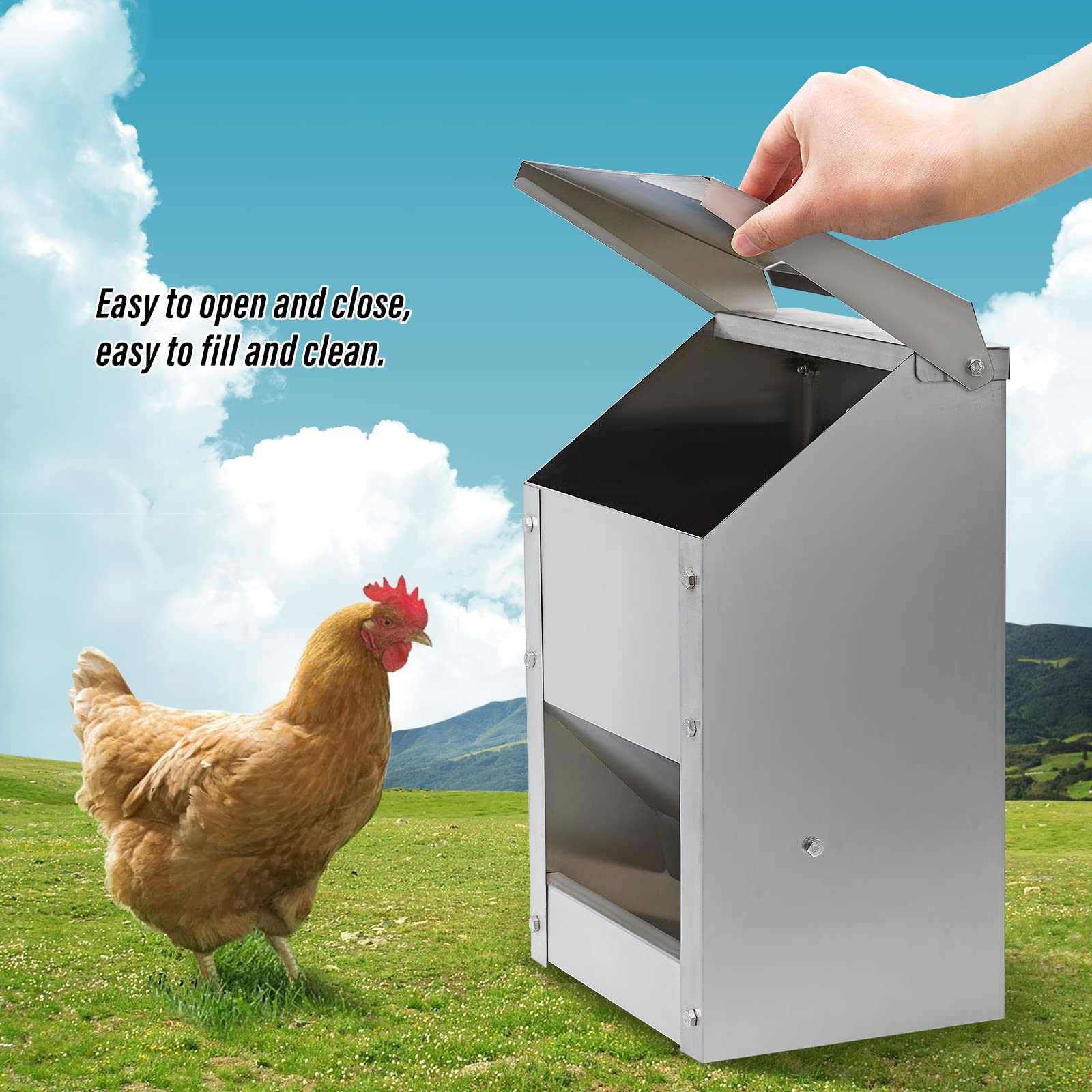 4.5kg Comederos de Pollo de Acero Inoxidable Sin Residuos Alimentador Automático de Aves de Corral con Tapa Alimentador de Montaje En Pared Resistente a La Intemperie Comedero de Gallinero