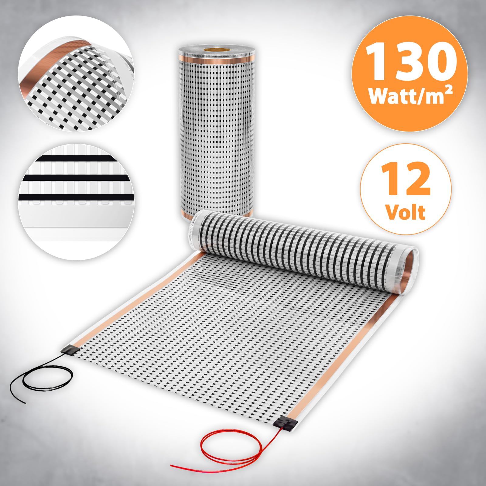 0,5x2m f. schwimmende - Infrarot Heizfolie 12V Niedervolt AC/DC 0,5x2,0m 130W/m², Heizung Temperierung für Akkukoffer, Wohnmobil Batterie, Lithium Akkus, KFZ