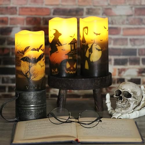 Miniatura 7 de OWLBAY Juego de 3 velas parpadeantes sin llama de Halloween con control remoto y temporizador, velas LED de cera real que funcionan con pilas,