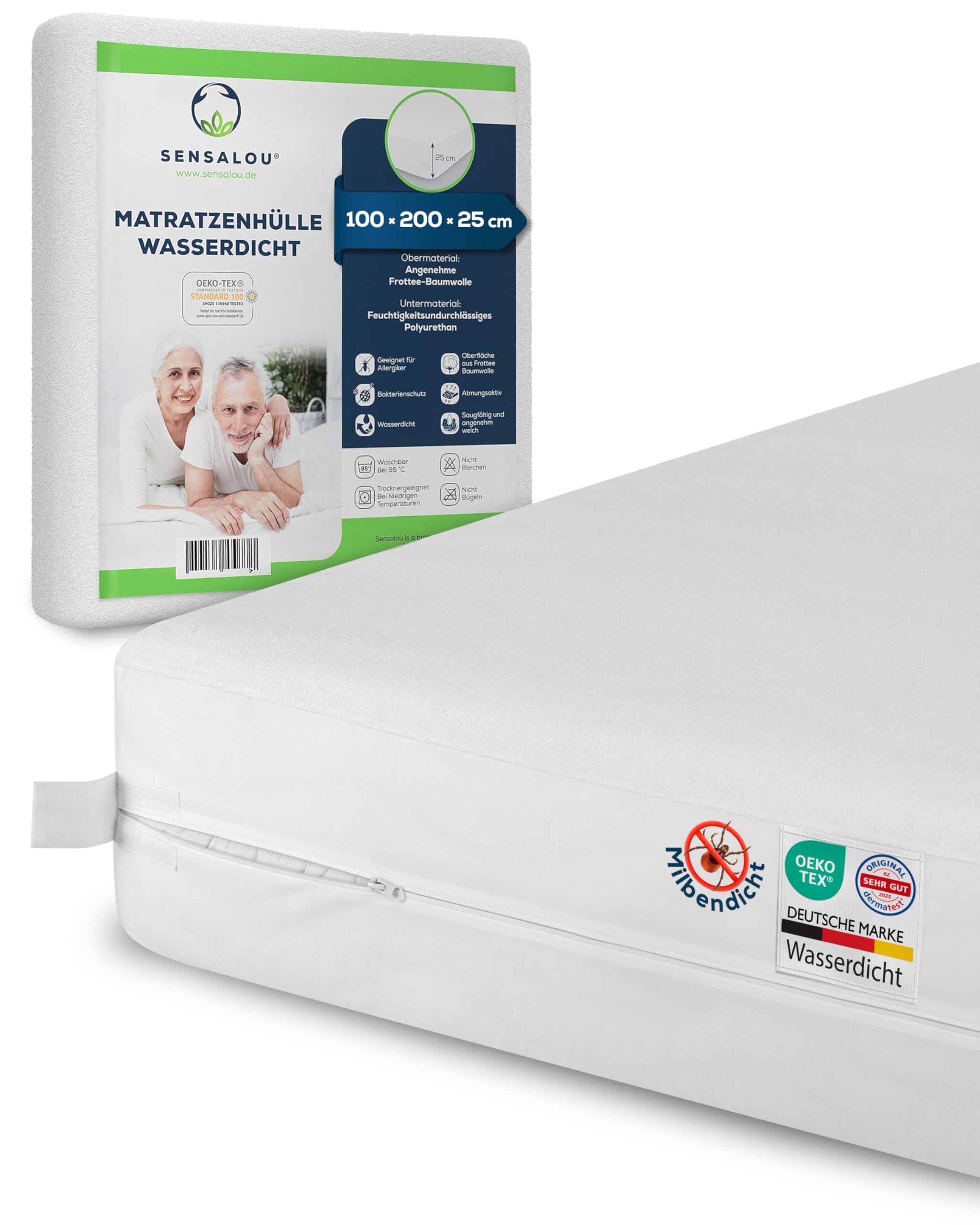 Sensalou Matratzenbezug 100 x 200 x 25 cm Wasserdicht und Milbendicht als Encasement gegen Milben und Bettwanzen, Geräuschloser Matratzenschoner für Allergiker mit Reißverschluss, Dermatest und Ökotex