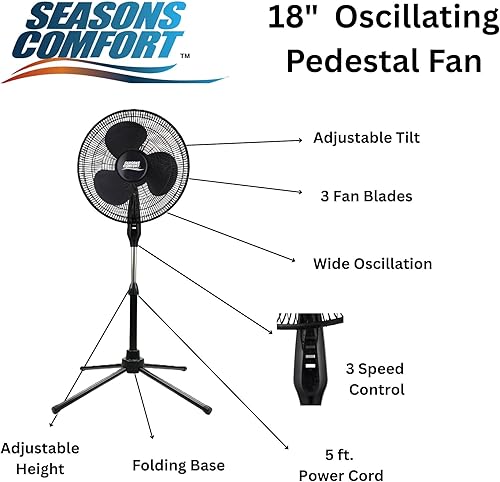 Miniatura 3 de Seasons Comfort Ventilador de base de pedestal oscilante de 18", negro