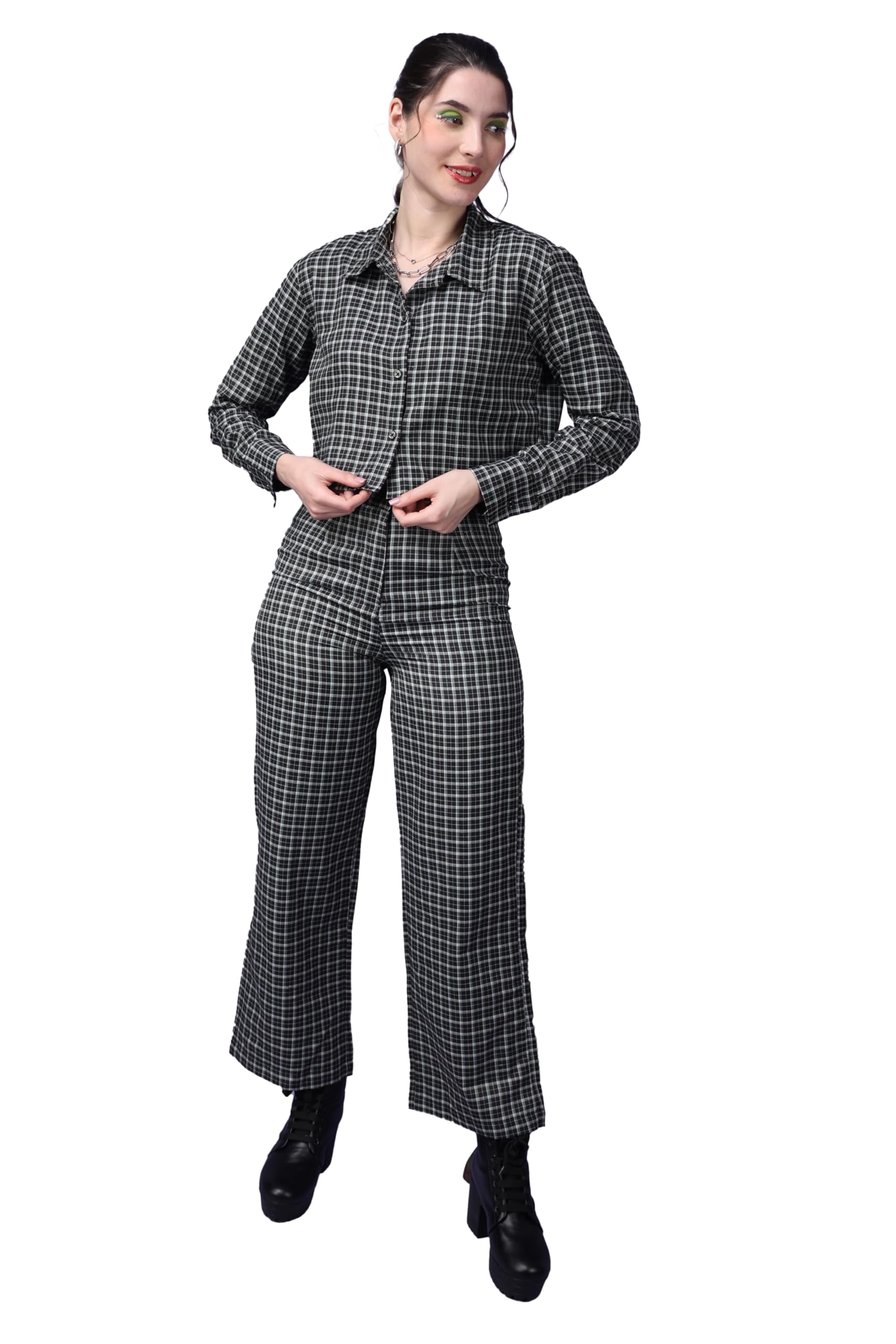 Popwings Casual Checks Print Crop Shirt And Trouser Co-Ord Set For Women | Shirt And Pant Co-Ord Set For Women | Full Sleeves Co-Ord Set For Women | Western 2 Piece Set For Women Beige