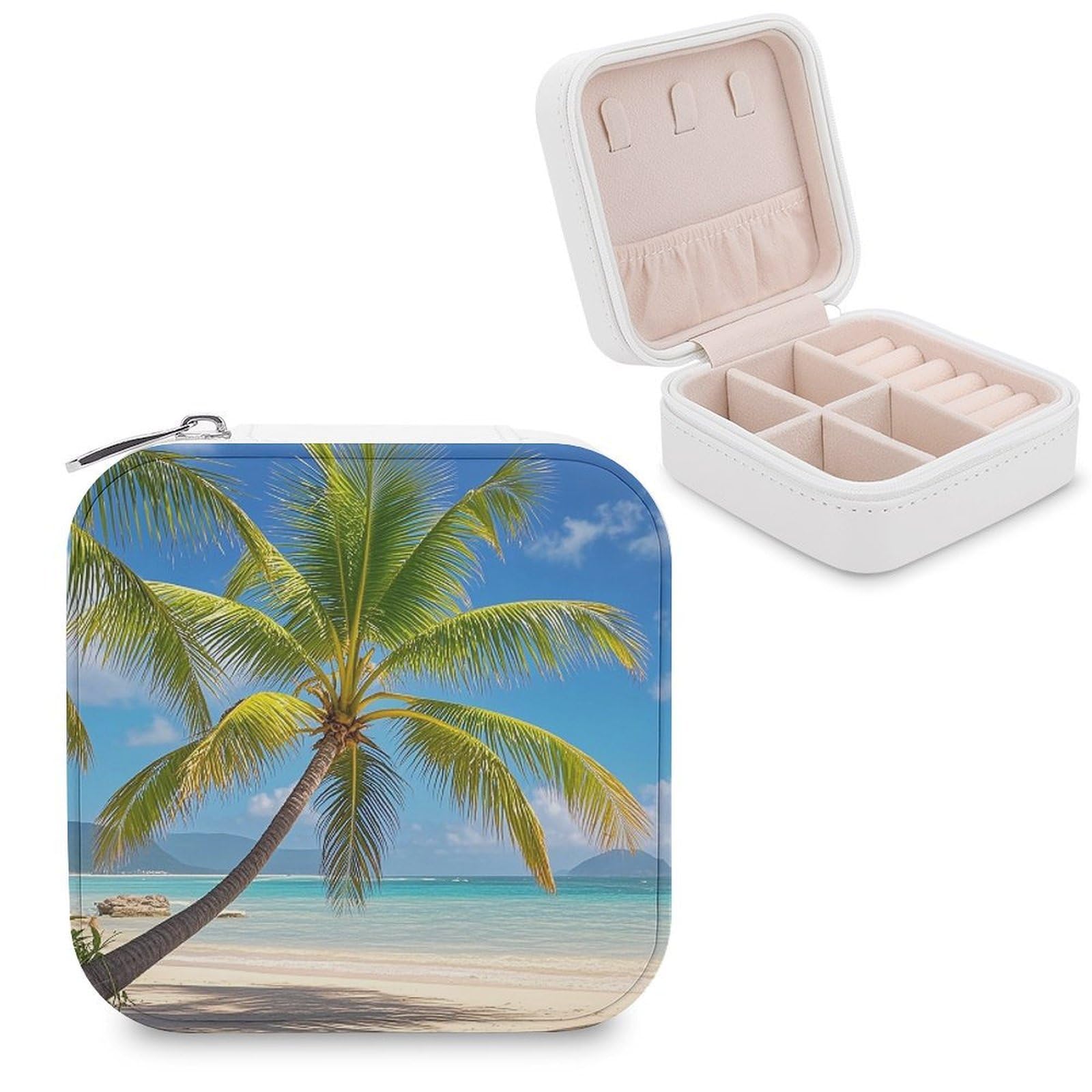 FekiLoot Tropical Palm Tree Travel Jewelry Box Small Jewelry Organizer Storage Case Portable PU Leather Mini Jewellry Travel Case Necklace Ring Storage Organizer Gift for Women