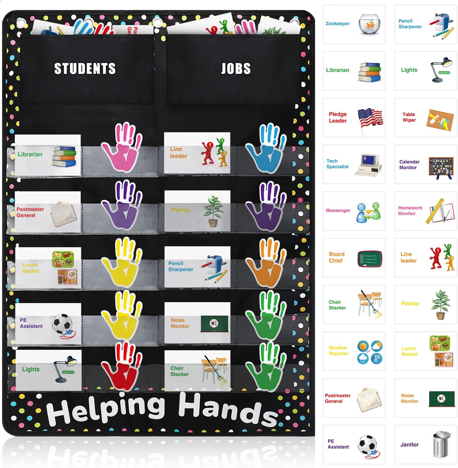 Helping Hands Pocket Charts Learning Classroom Organization Classroom Jobs Chart Preschool Classroom Decorations Teacher Accessories for Kids School Kindergarten Supplies, Set of 41 Cards (Dot Style)