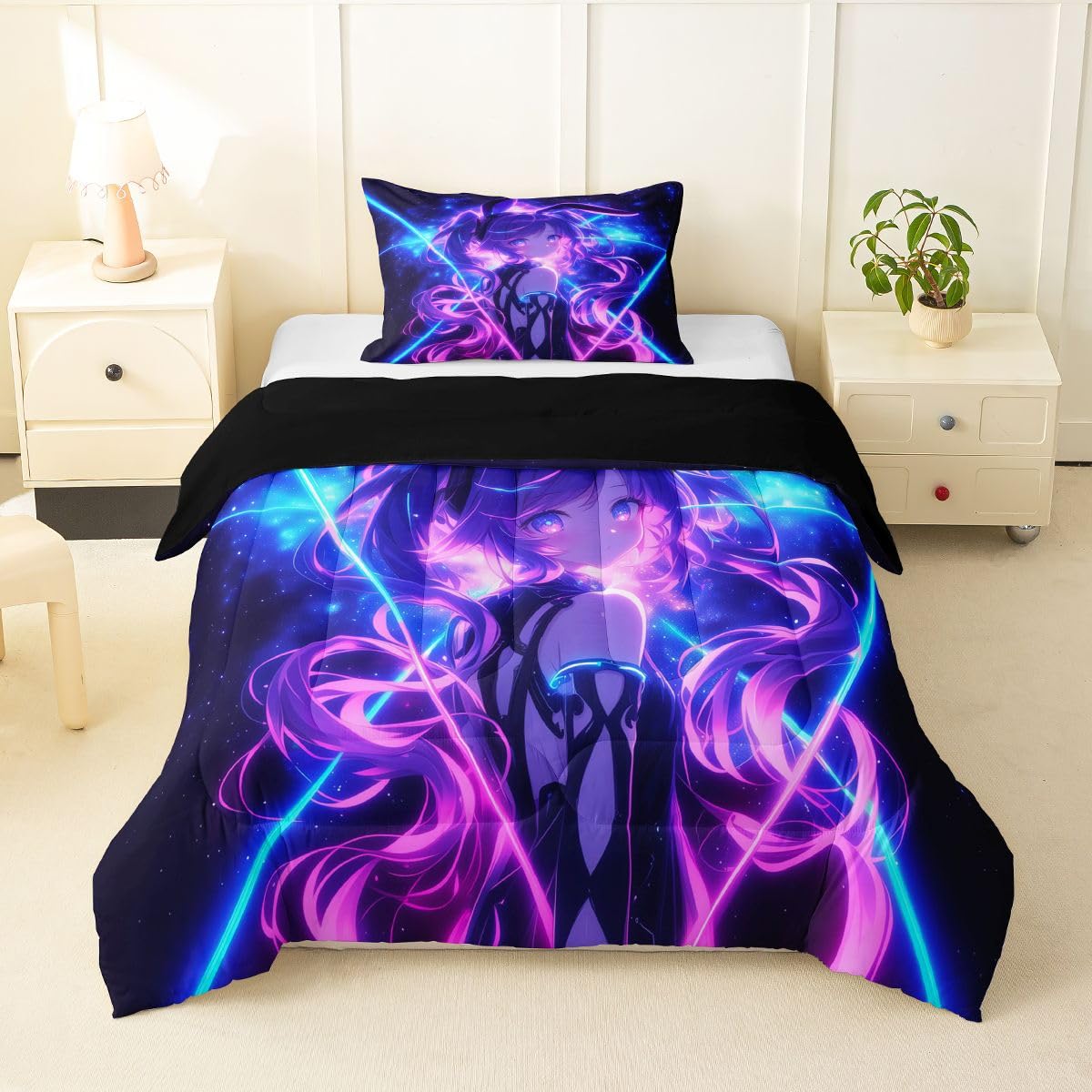Erosebridal 3D Anime Kids Bedding | Japanese Girl Twin Comforter Sets,Girly Galaxy Stars Comforter Purple Neon Duvet Insert with 1 Pillow Case