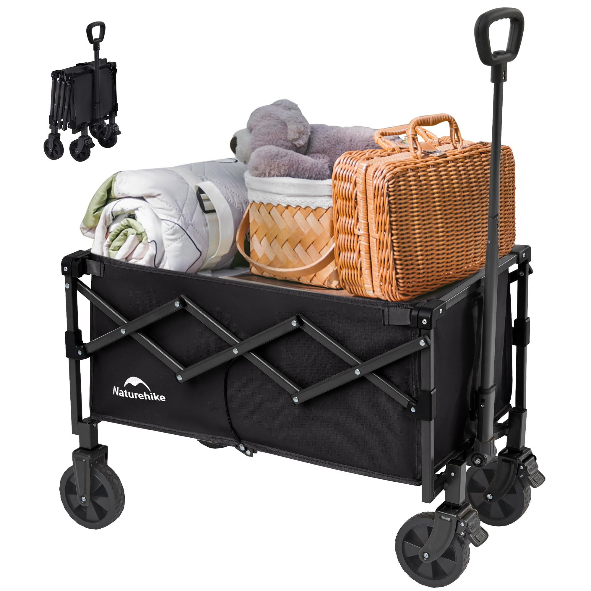 Naturehike Bollerwagen Faltbar 130L 120KG Tragkraft zusammenklappbarer Gartenwagen mit Bremsen Klappbarer Handwagen Verstellbarem Griff für Camping Strand Einkaufen(Schwarz 130L Upgraded)