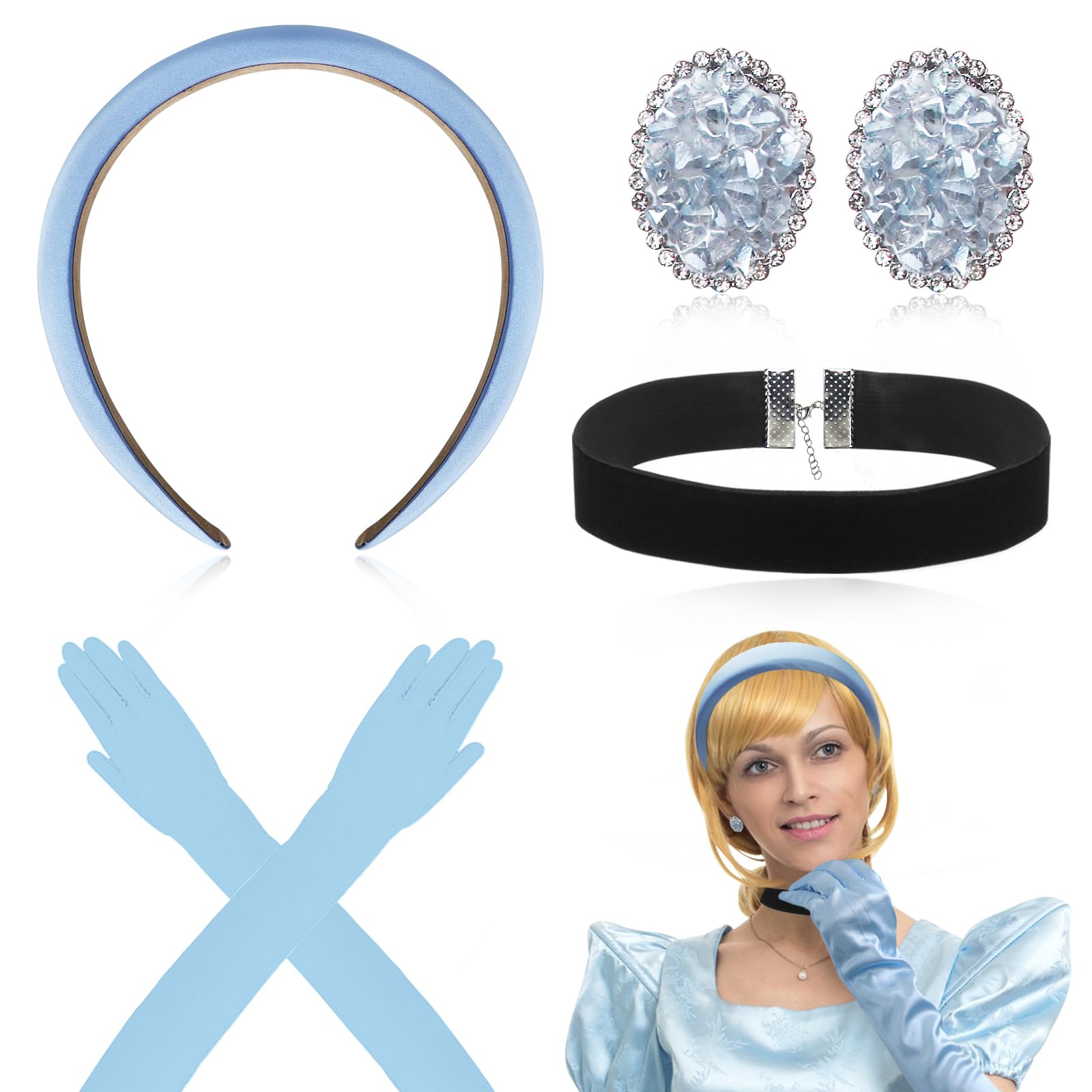 Oerphh 4PCS Princess Costumes for Girls Women Princess Halloween Costume Accessories Blue Headband Satin Dress Gloves Choker Earrings for Women Halloween Cosplay Dress Up