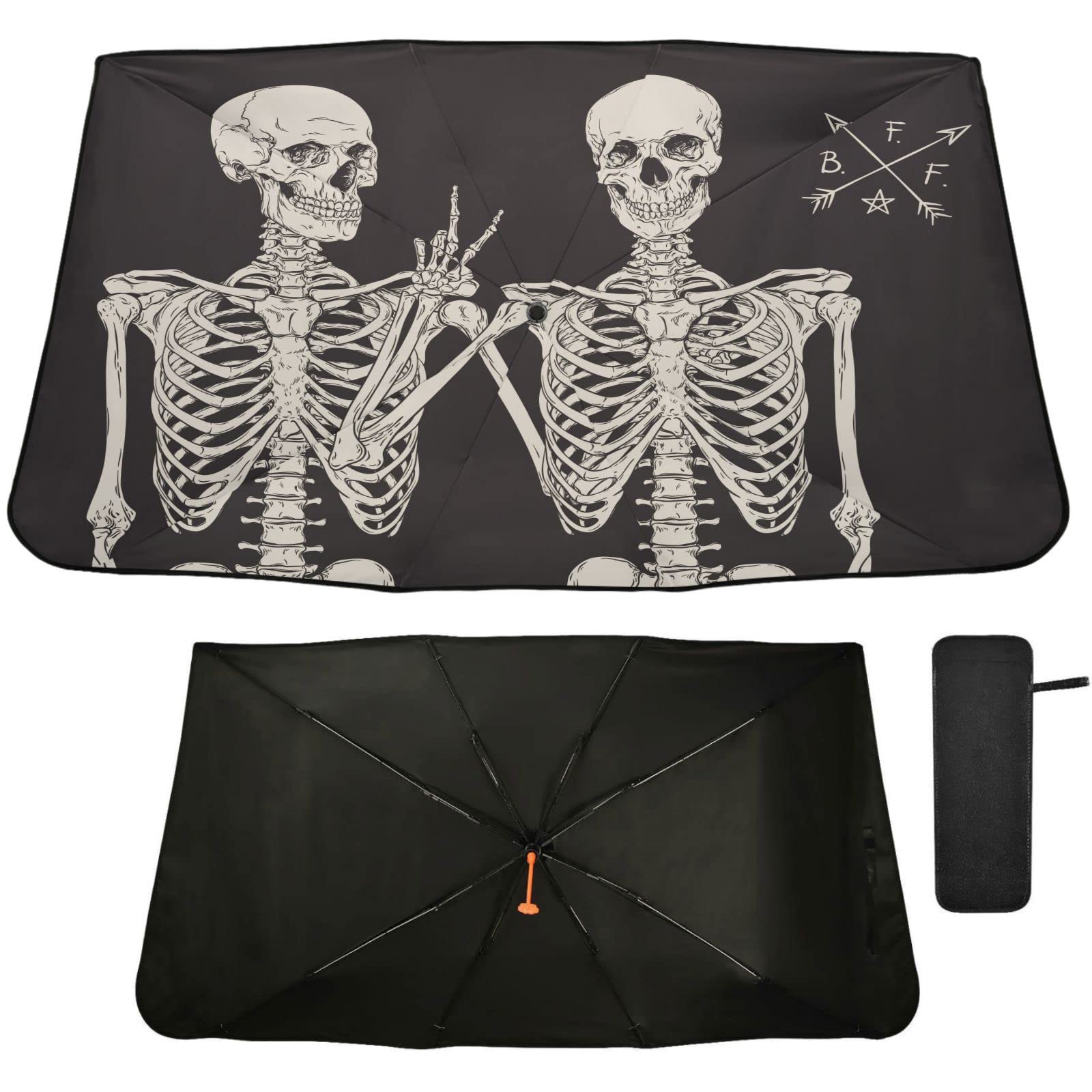 Oarencol Funny Human Skeleton Skull Windshield Sun Shade Umbrella Best Friends Black Foldable Car Front Window Sunshade Blocks UV Rays Heat Keep Vehicle Cool (55" x 27.5")